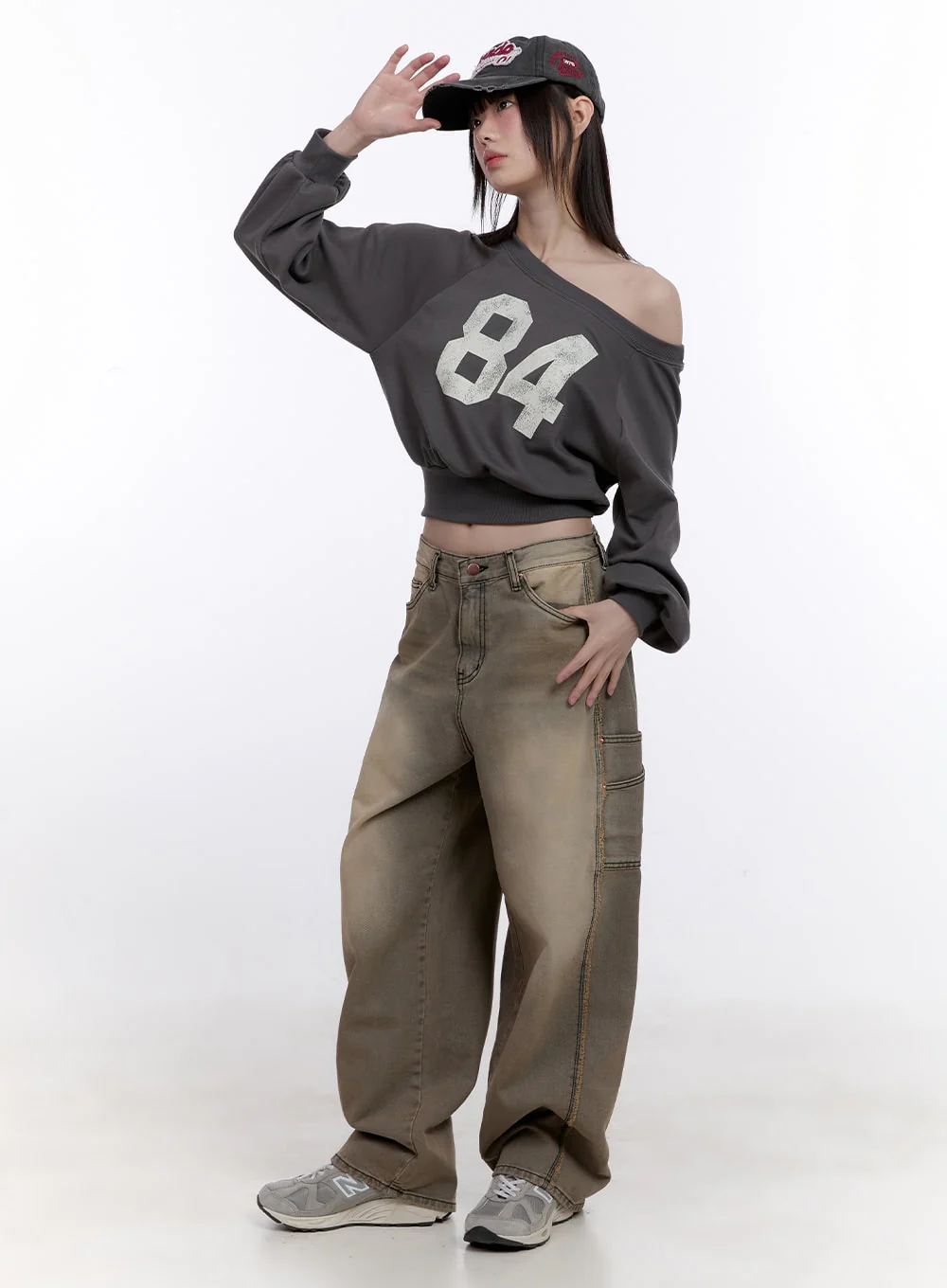 84 Graphic One-Shoulder Cropped Sweatshirt CF512 - Image 3