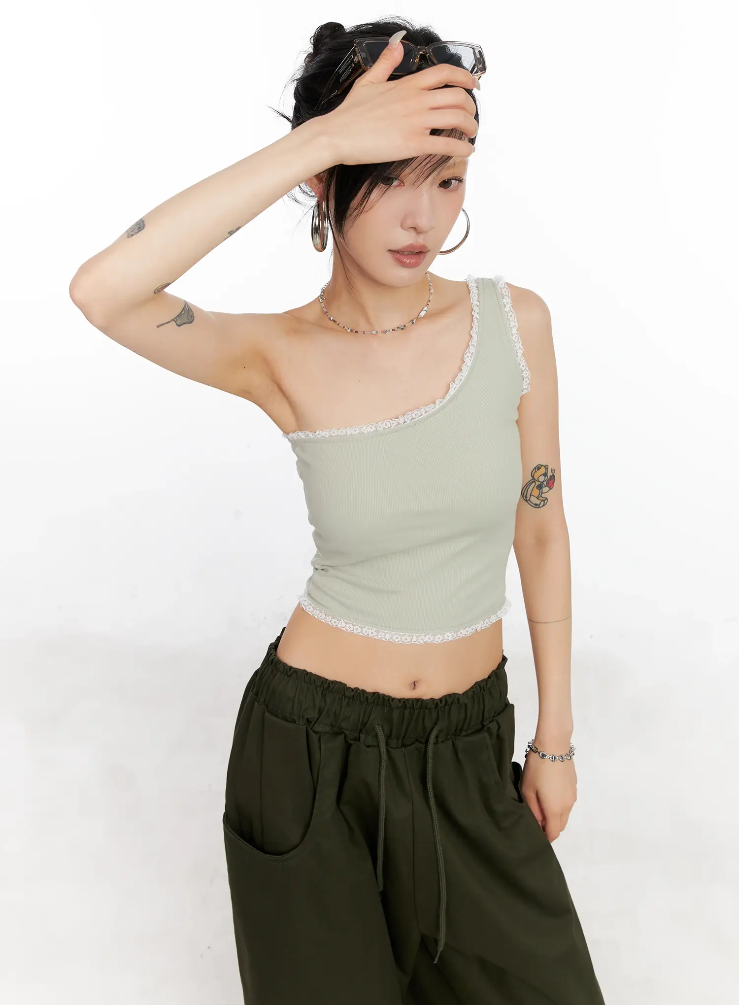 Asymmetric Lace-Trim Ribbed Top CL525 - Image 2