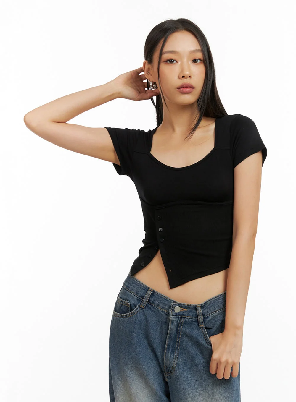 Asymmetrical Buttoned Square Neck Crop Top IG405 - Image 3