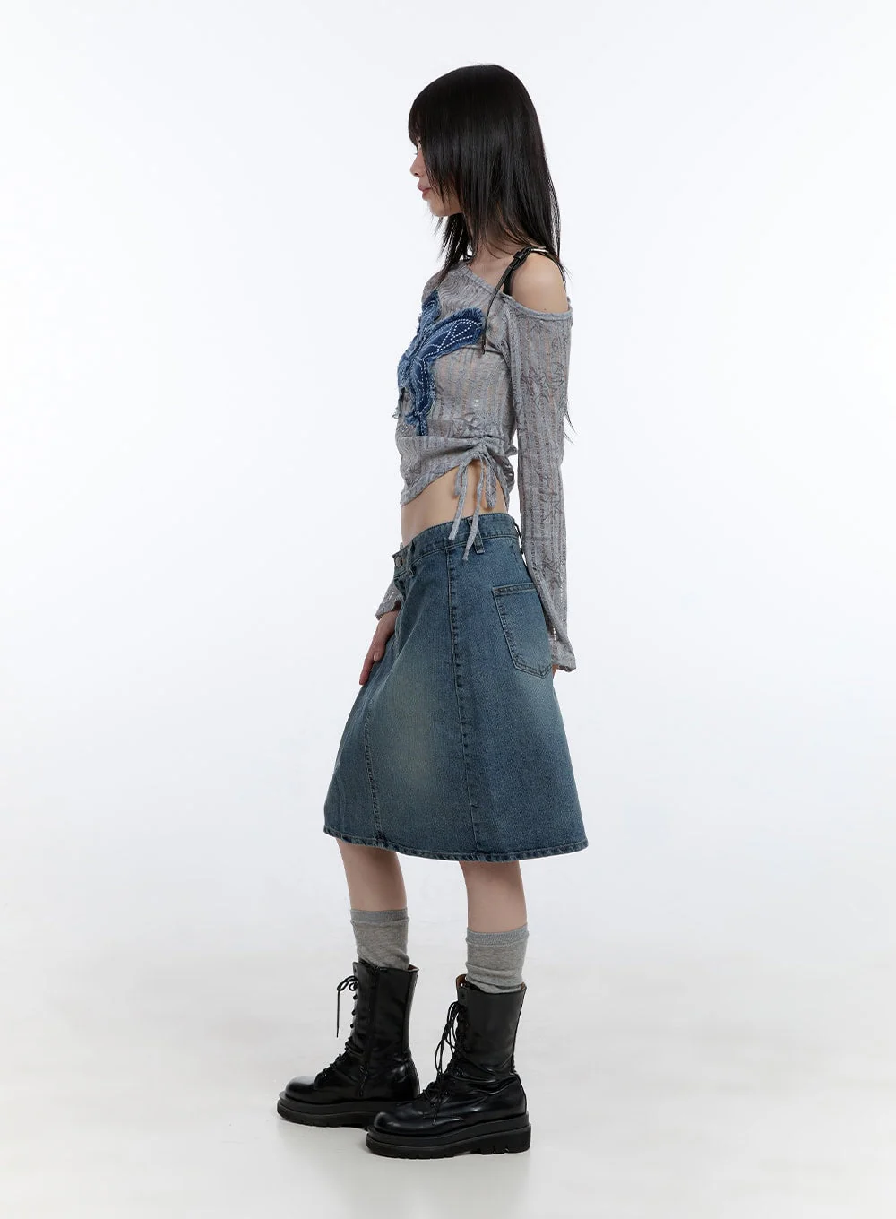Asymmetrical Pleated Washed Midi Denim Skirt CG412 - Image 3