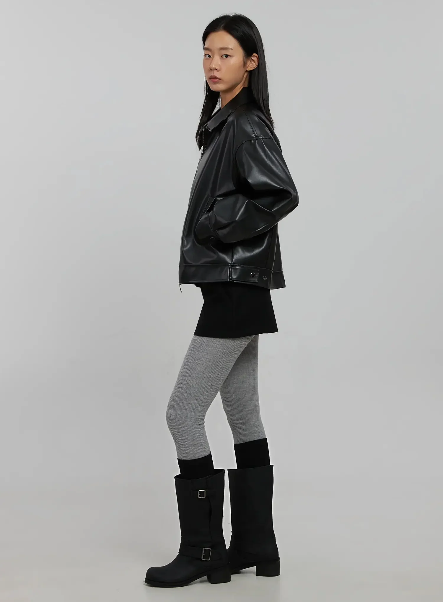 Basic Cropped Faux Leather Jacket IN507 - Image 8