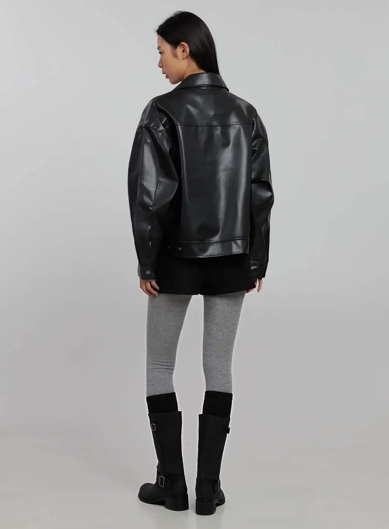 Basic Cropped Faux Leather Jacket IN507 - Image 9