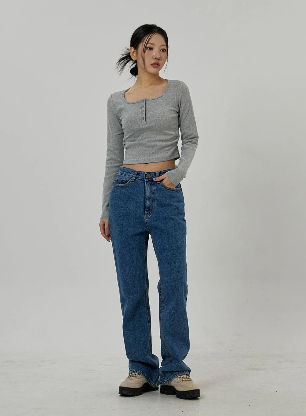 Button Neck Long Sleeve Cropped Top CD21 - Image 13