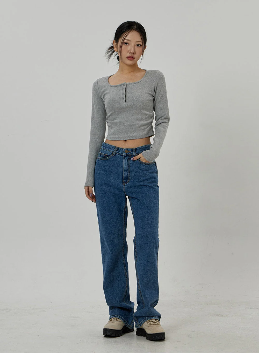 Button Neck Long Sleeve Cropped Top CD21 - Image 3
