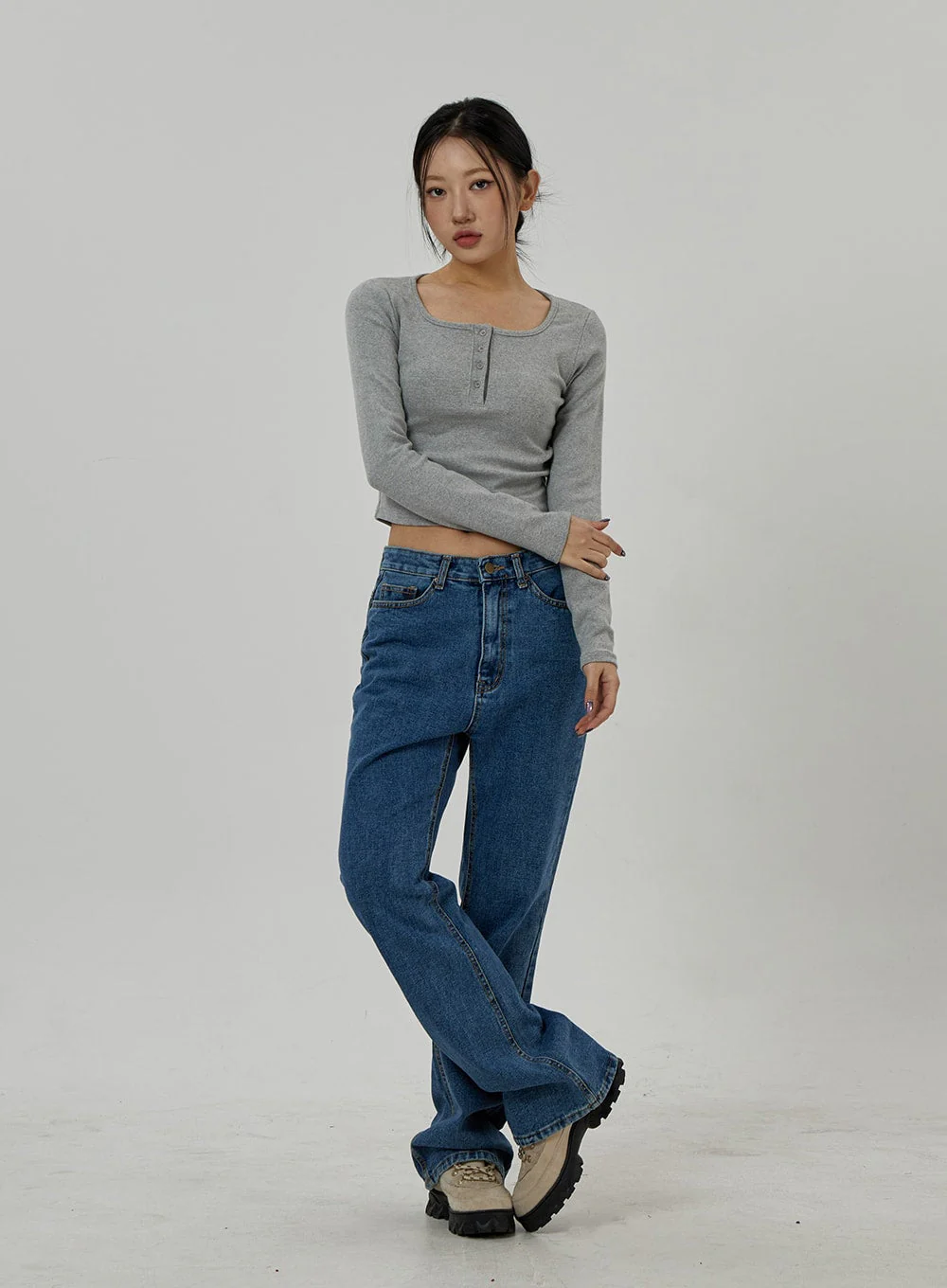 Button Neck Long Sleeve Cropped Top CD21 - Image 4