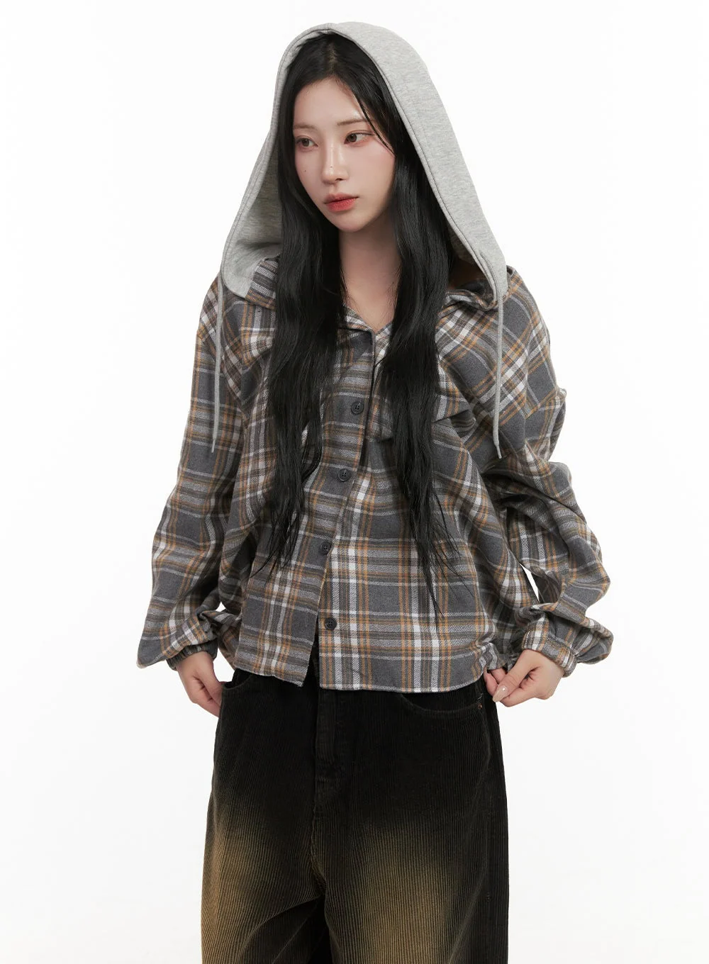 Buttoned Check Hooded Blouse CD410