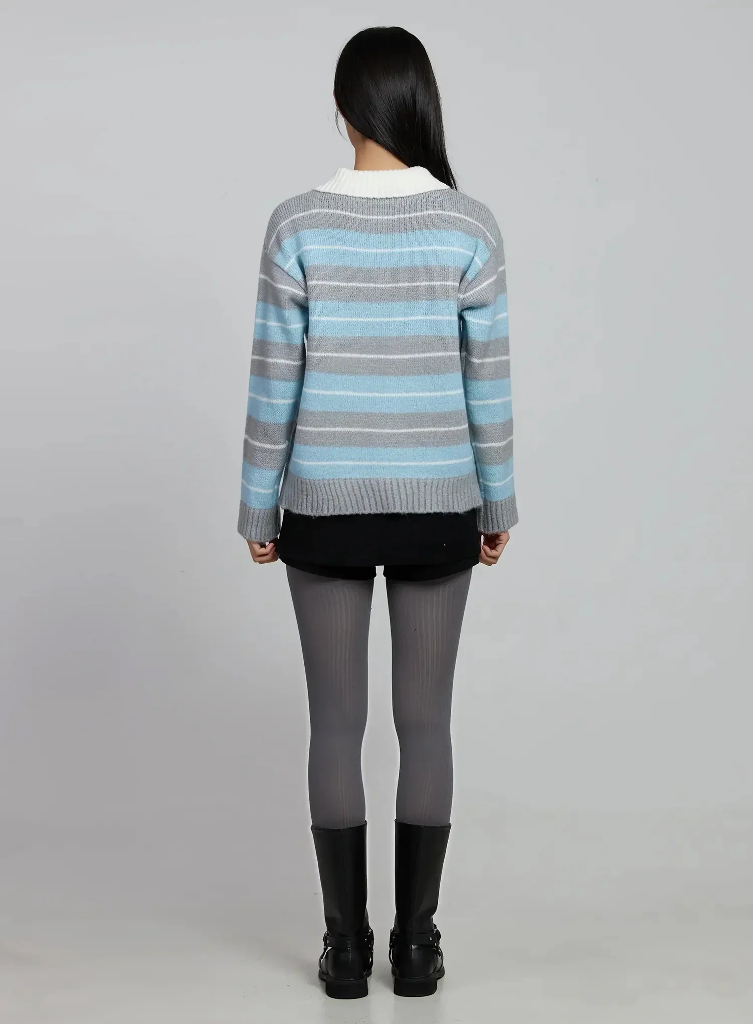 Buttoned Collar Striped Knit Sweater IM520 - Image 8