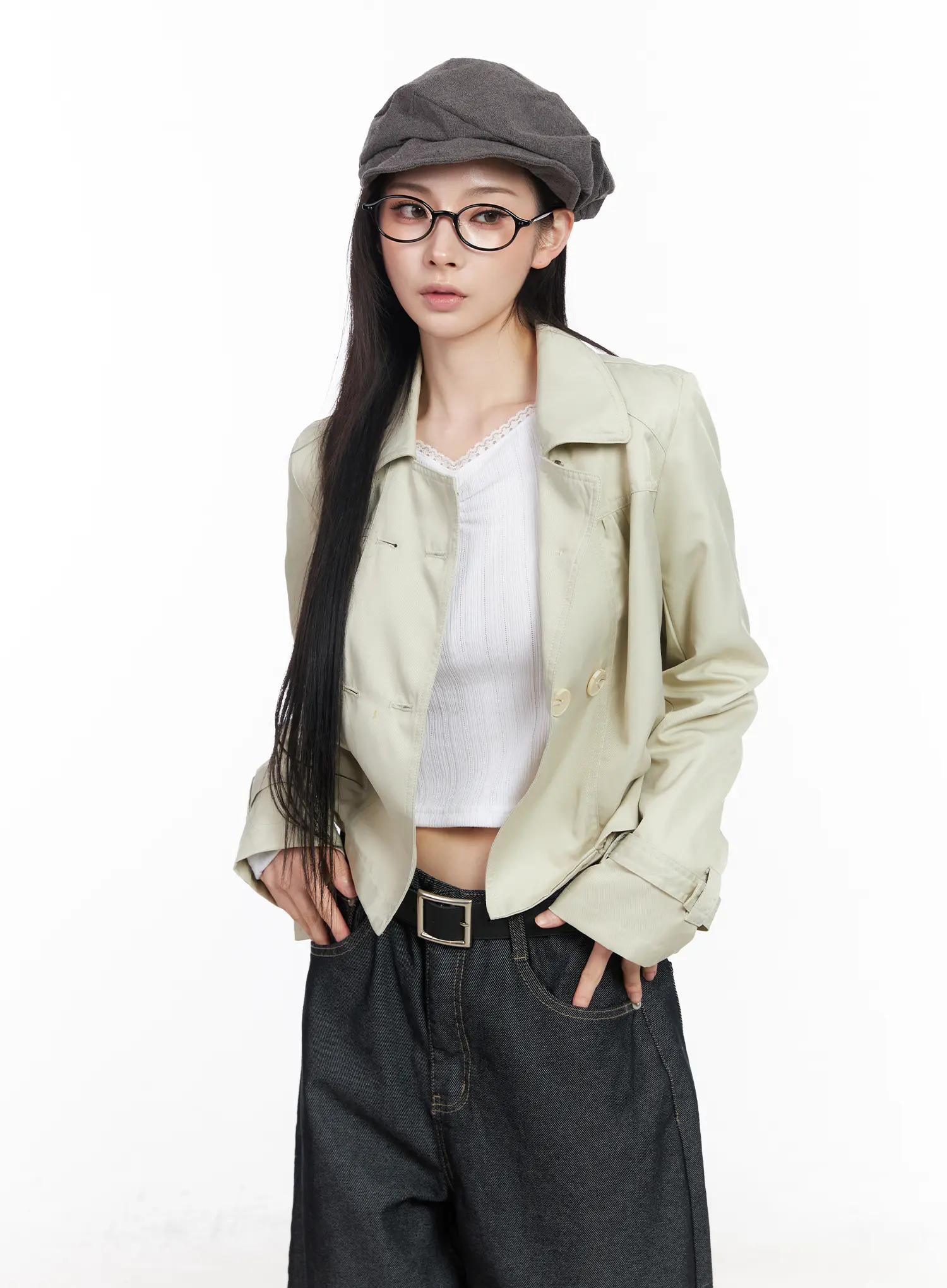 Buttoned Cropped Trench Jacket CM519 - Image 11