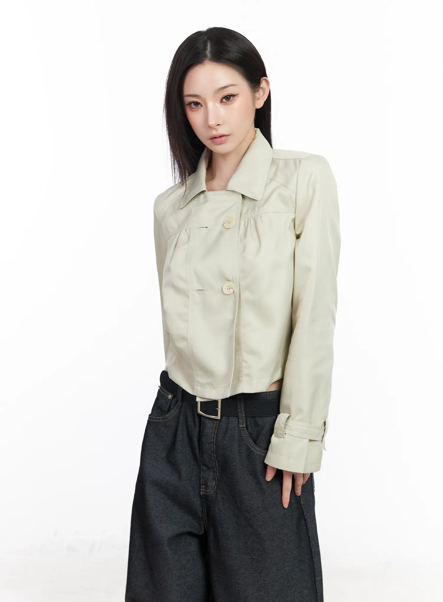 Buttoned Cropped Trench Jacket CM519 - Image 2