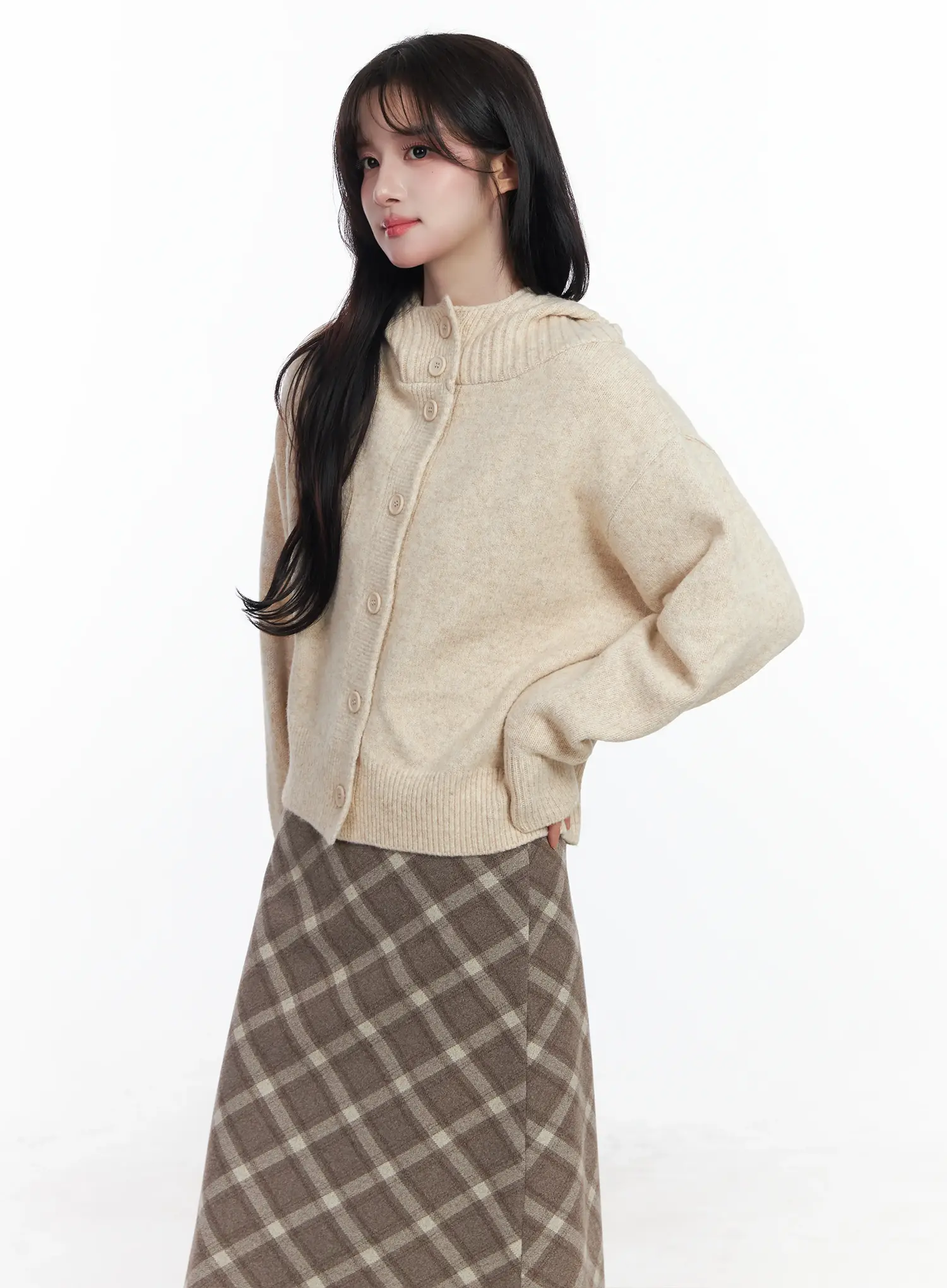 Buttoned Knit Hoodie IJ529 - Image 7