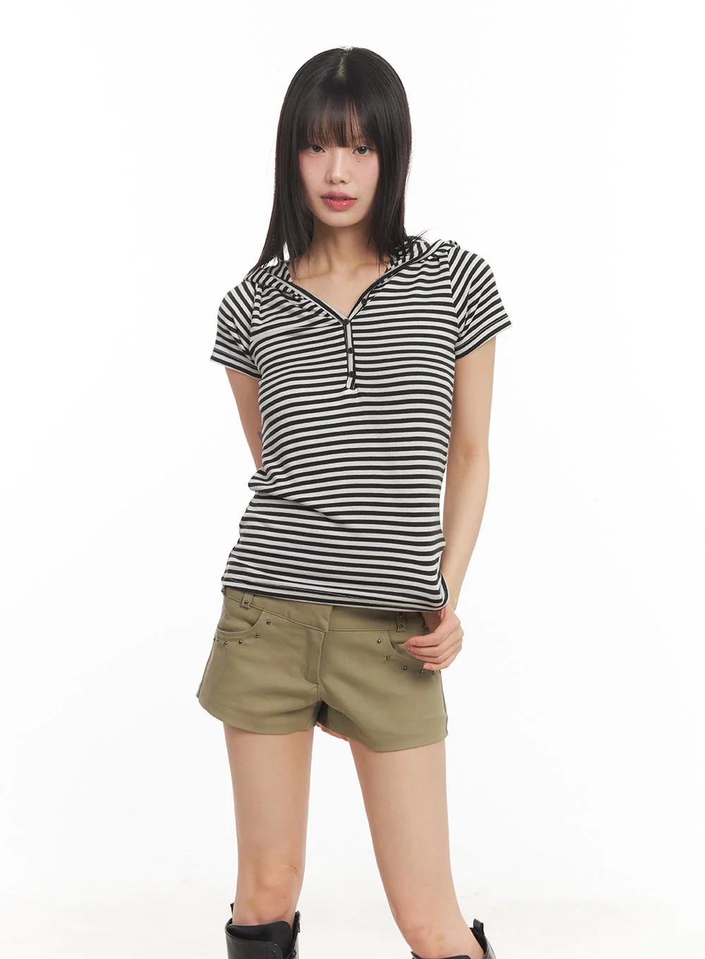 Buttoned Striped Hooded T-Shirt CA523 - Image 2
