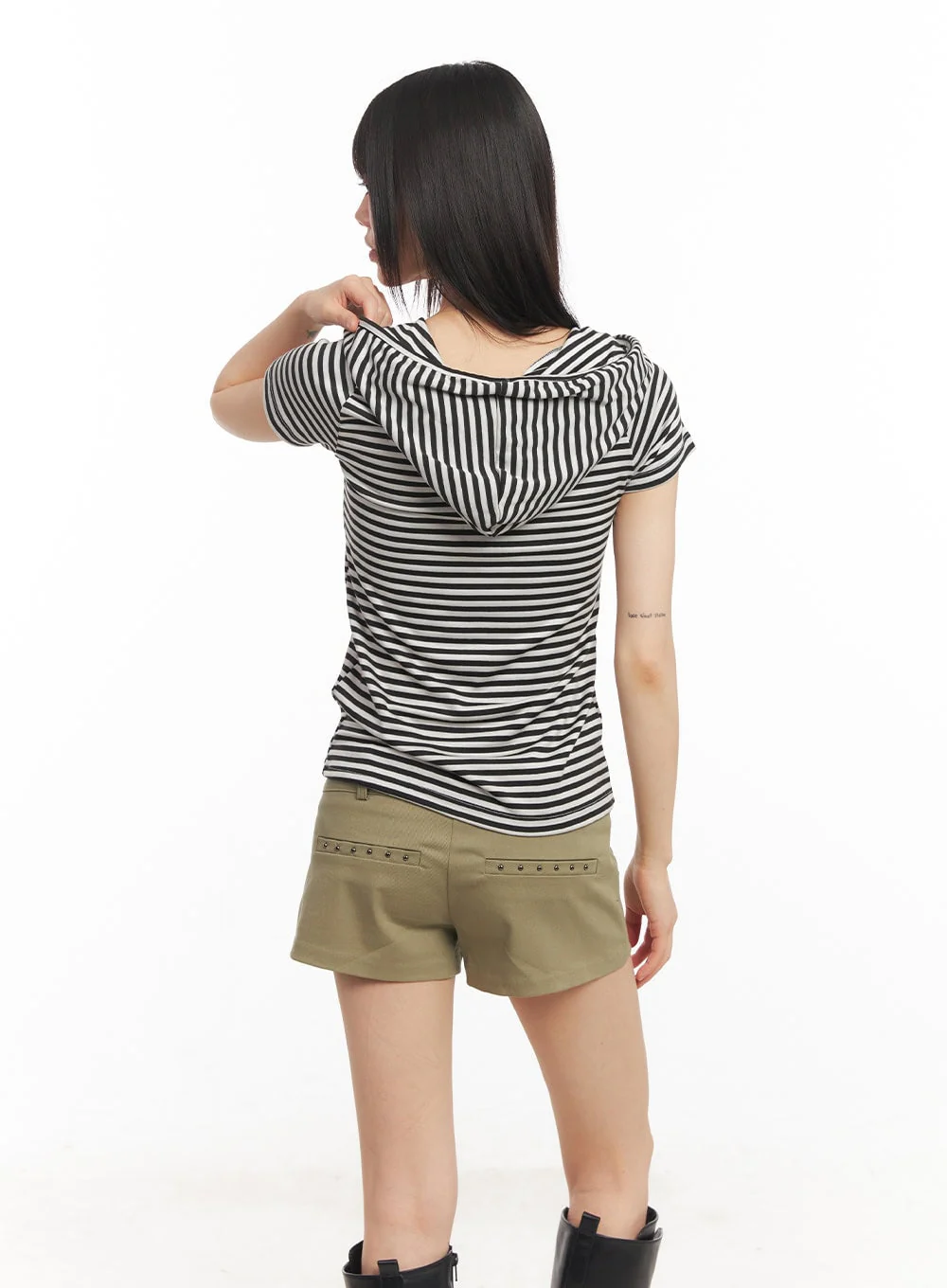 Buttoned Striped Hooded T-Shirt CA523 - Image 4