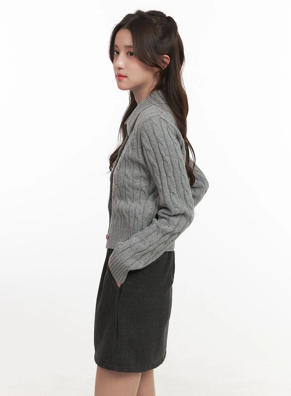 Cable-Knit Collared Buttoned Cardigan CJ514 - Image 3