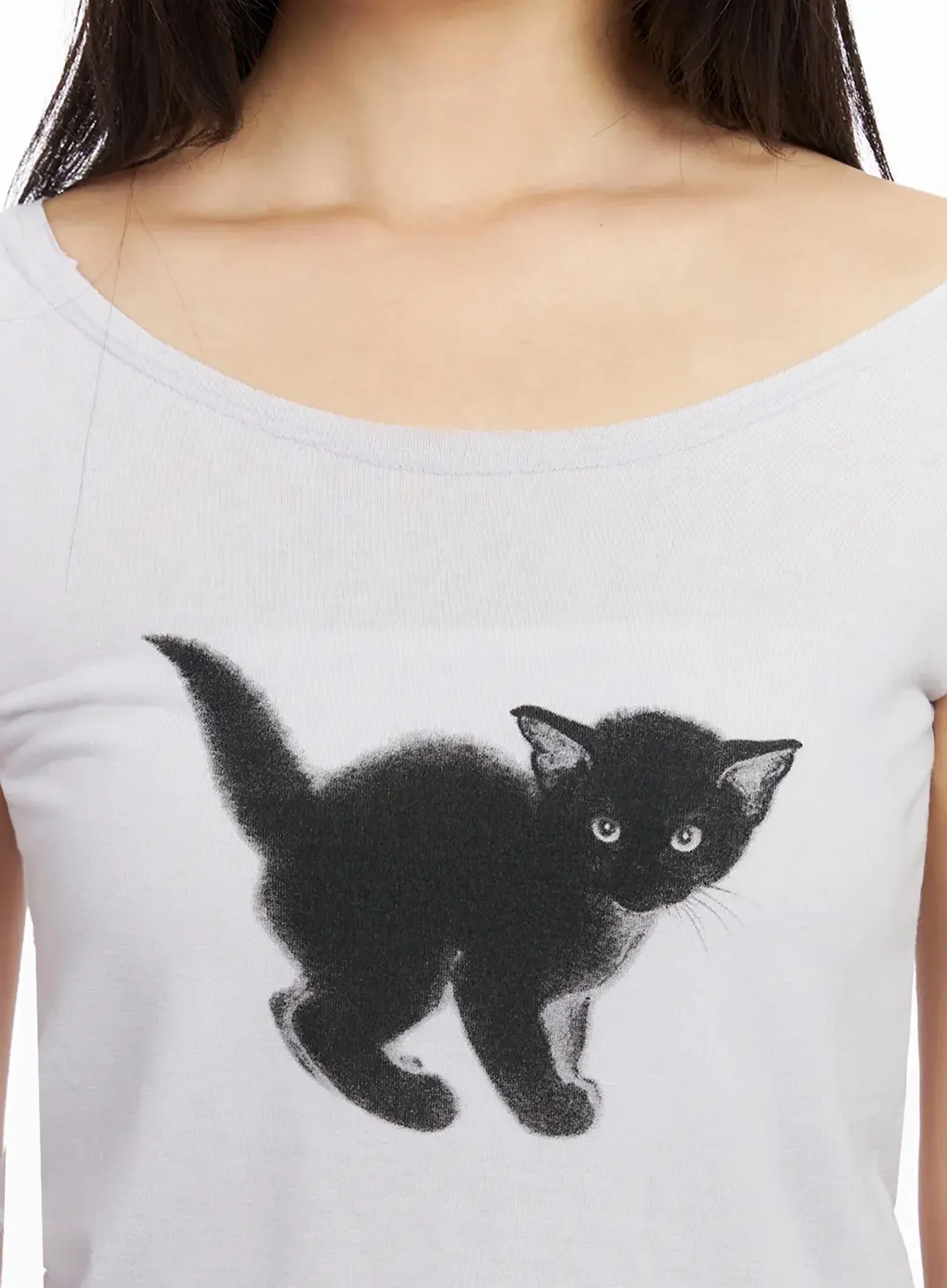Cat Graphic Off-Shoulder Crop Top IA523 - Image 4