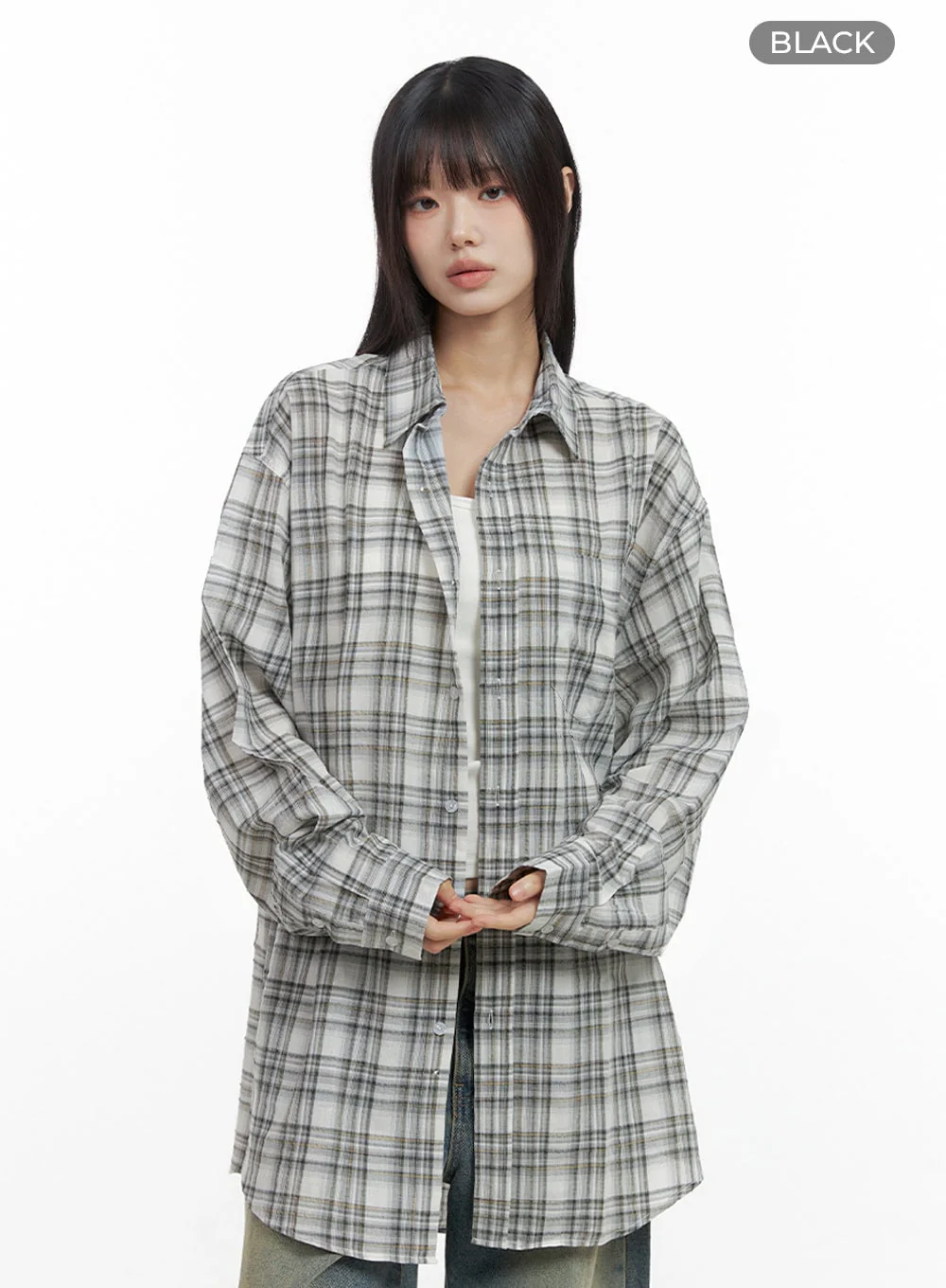 Checkered Cotton Oversized Shirt IO430 - Image 13