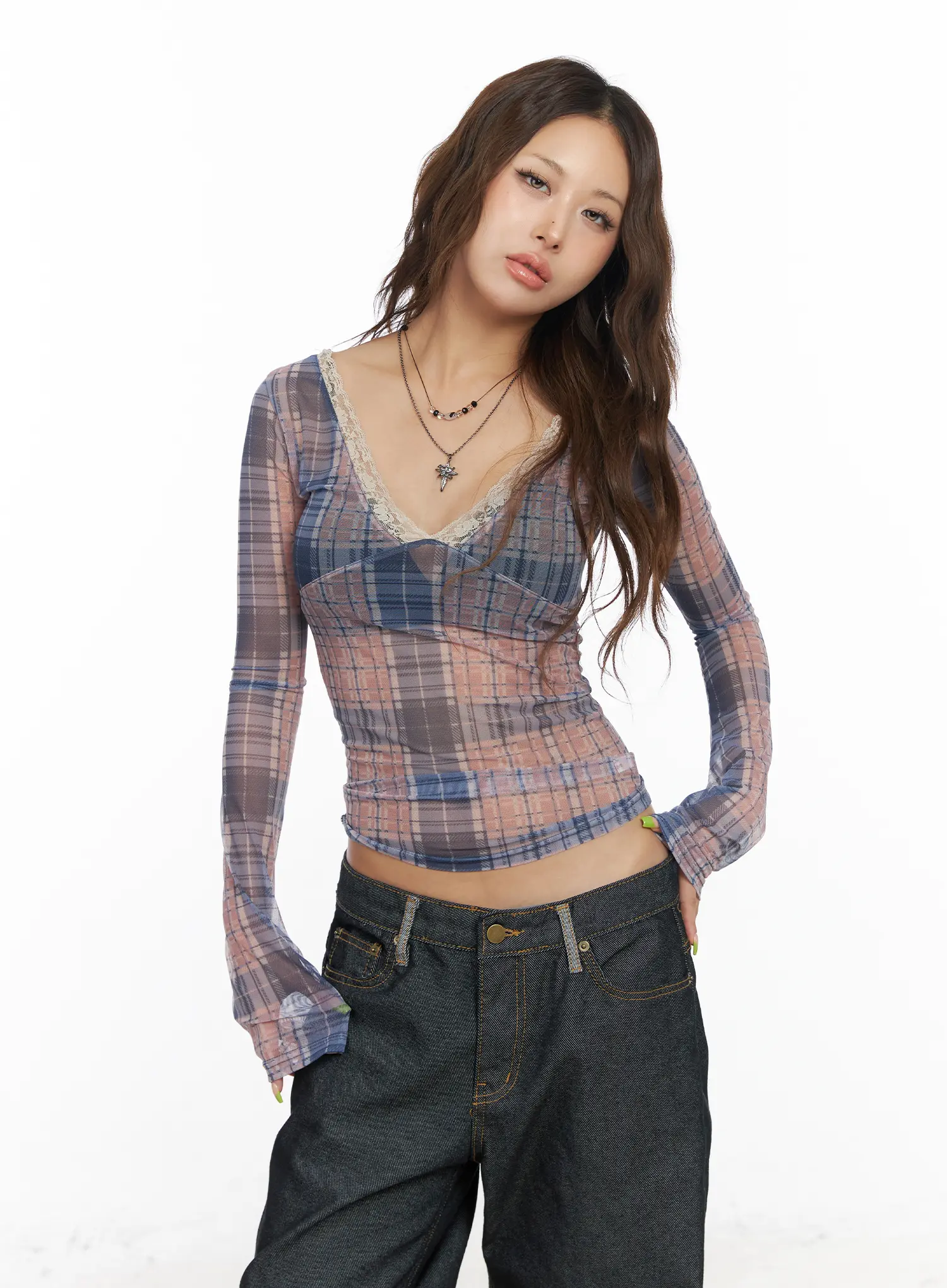 Checkered V-Neck Long Sleeve Top CF512 - Image 5