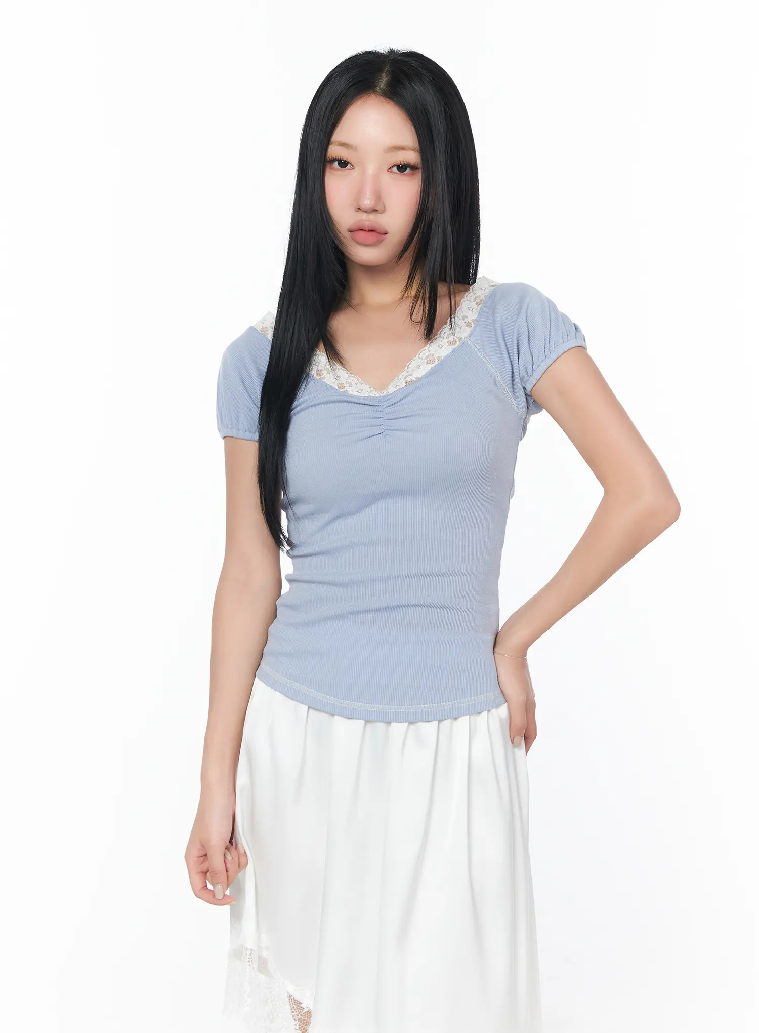 Chic Lace-Trimmed Shirred Tee CY512 - Image 10