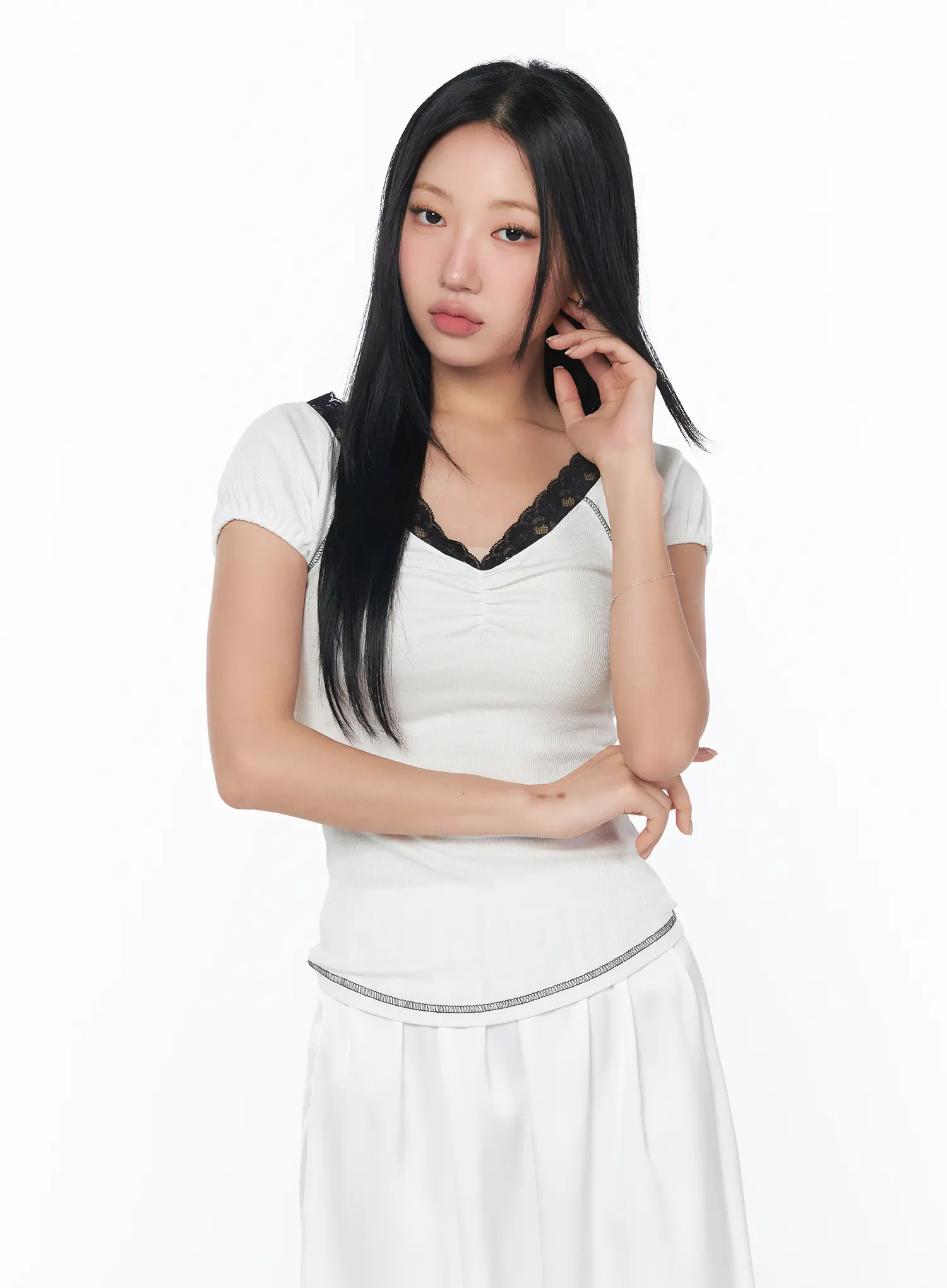 Chic Lace-Trimmed Shirred Tee CY512 - Image 11