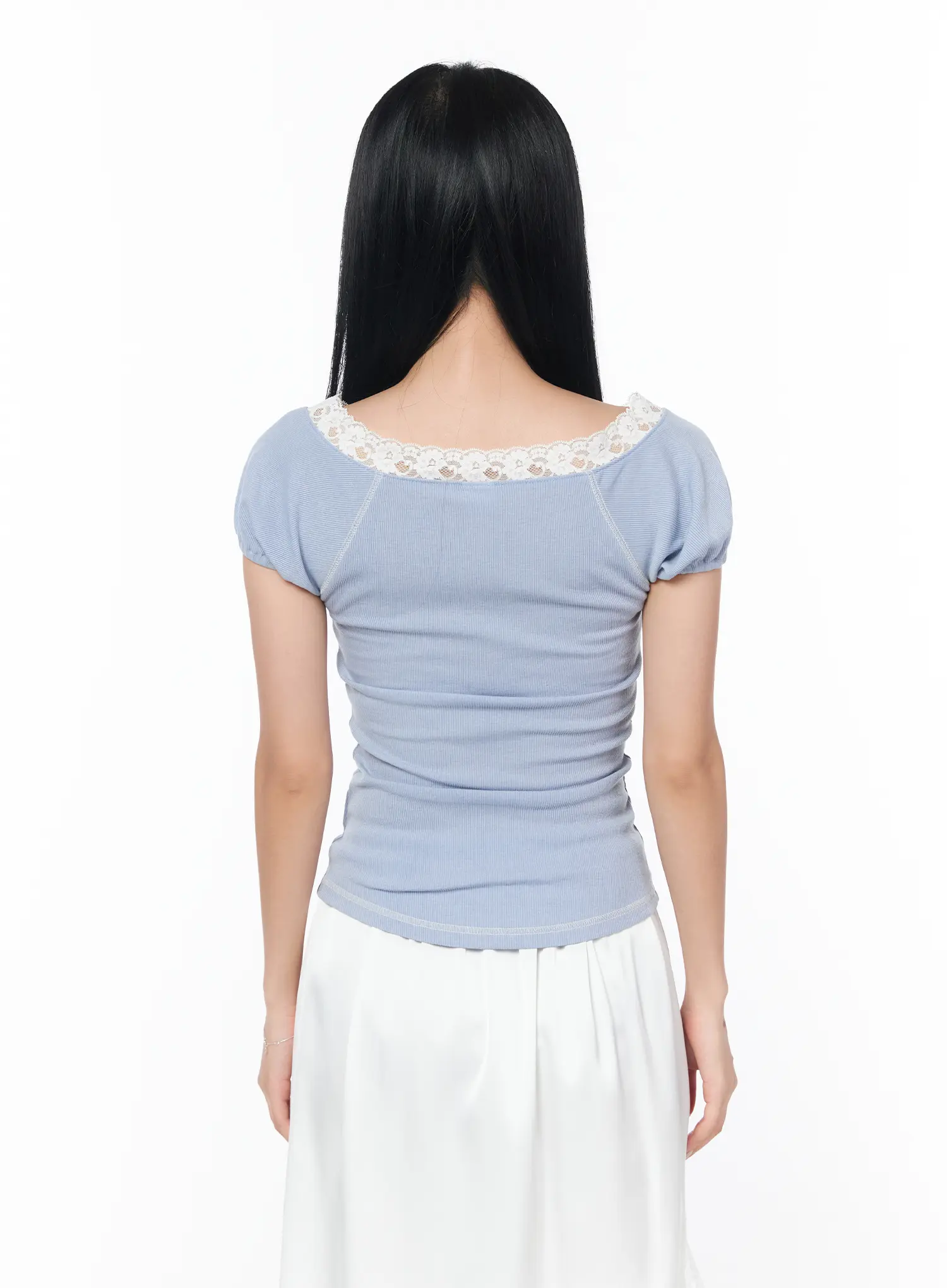 Chic Lace-Trimmed Shirred Tee CY512 - Image 6