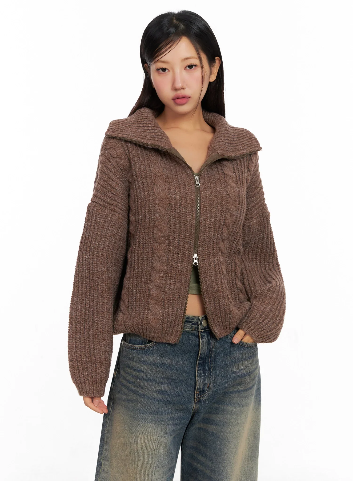 Chunky Knit Twist Zip-Up Cardigan IG528 - Image 2