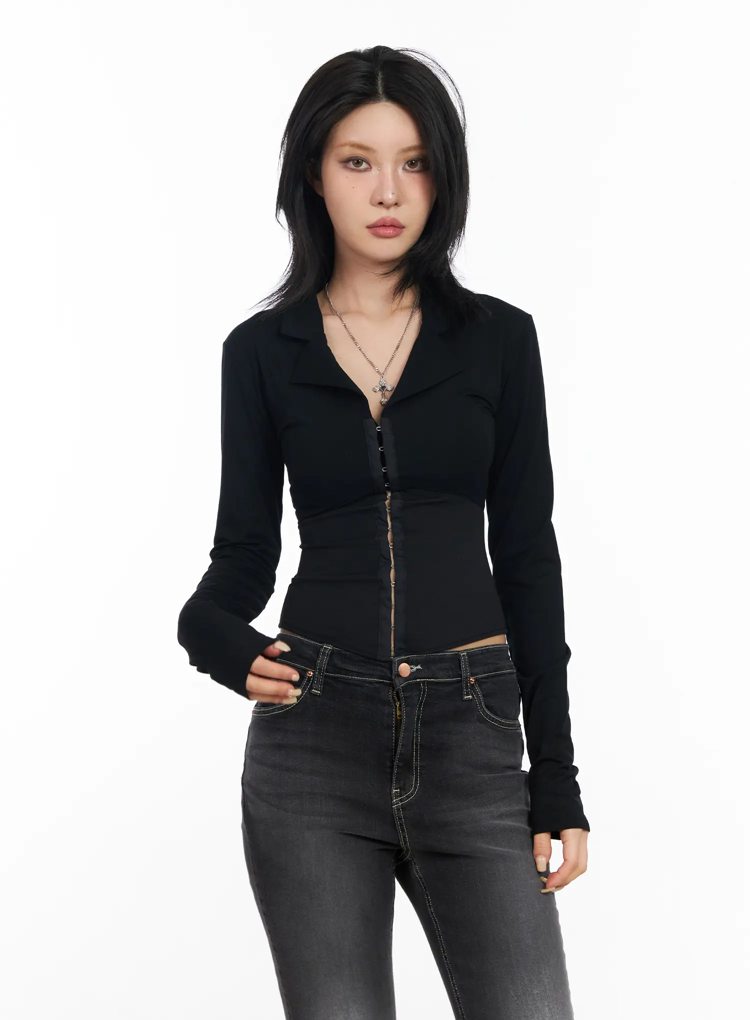 Collared Corset Button Long Sleeve Top CF527 - Image 5