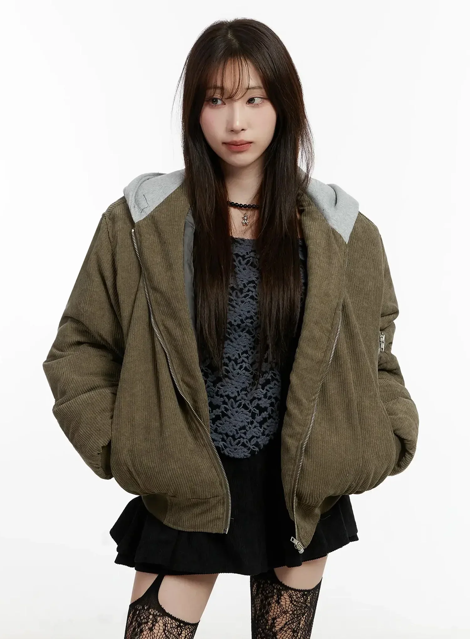 Corduroy Hooded Bomber Jacket IJ521 - Image 13