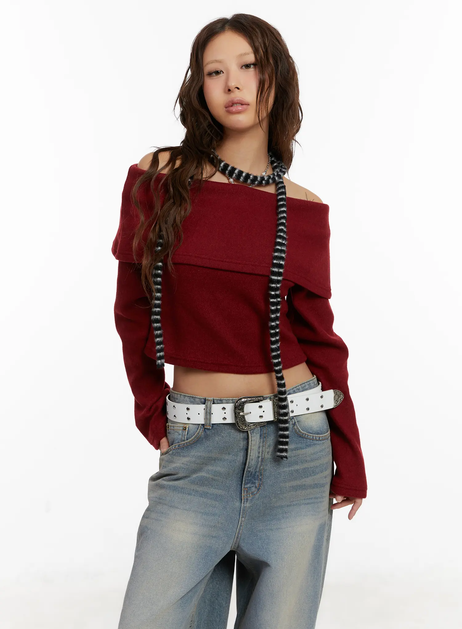 Cozy Off-Shoulder Long Sleeve Knit Top CD517