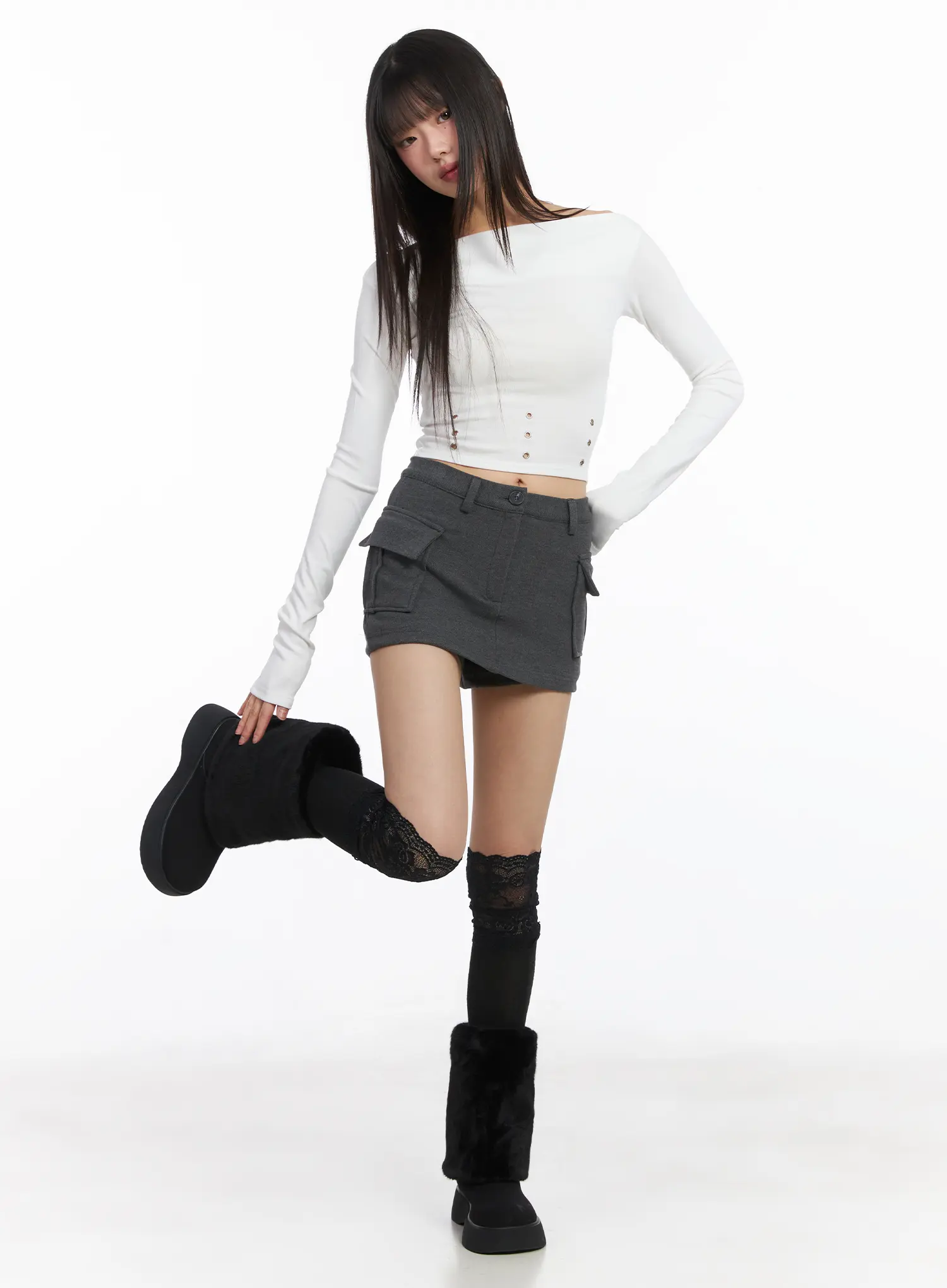 Cropped Eyelet Long Sleeve Tee CJ501 - Image 6