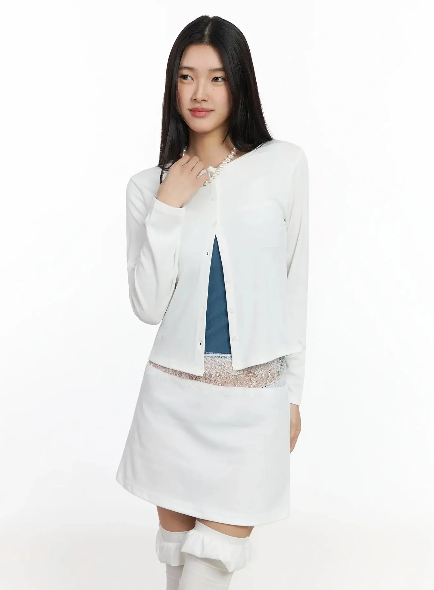 Elegant Round Neck Lace Trim Cardigan IM530 - Image 7