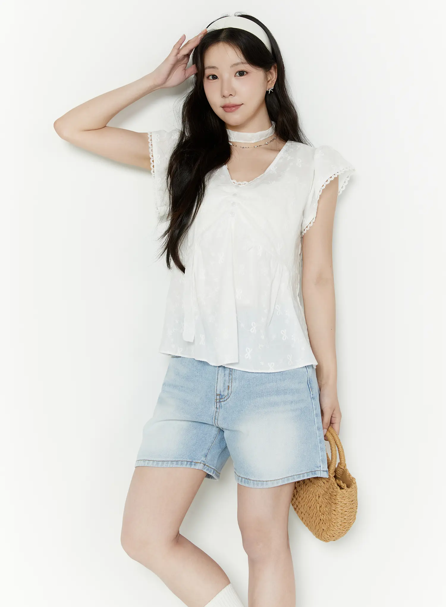 Embroidered Ribbon Blouse And Skinny Scarf Set IY511