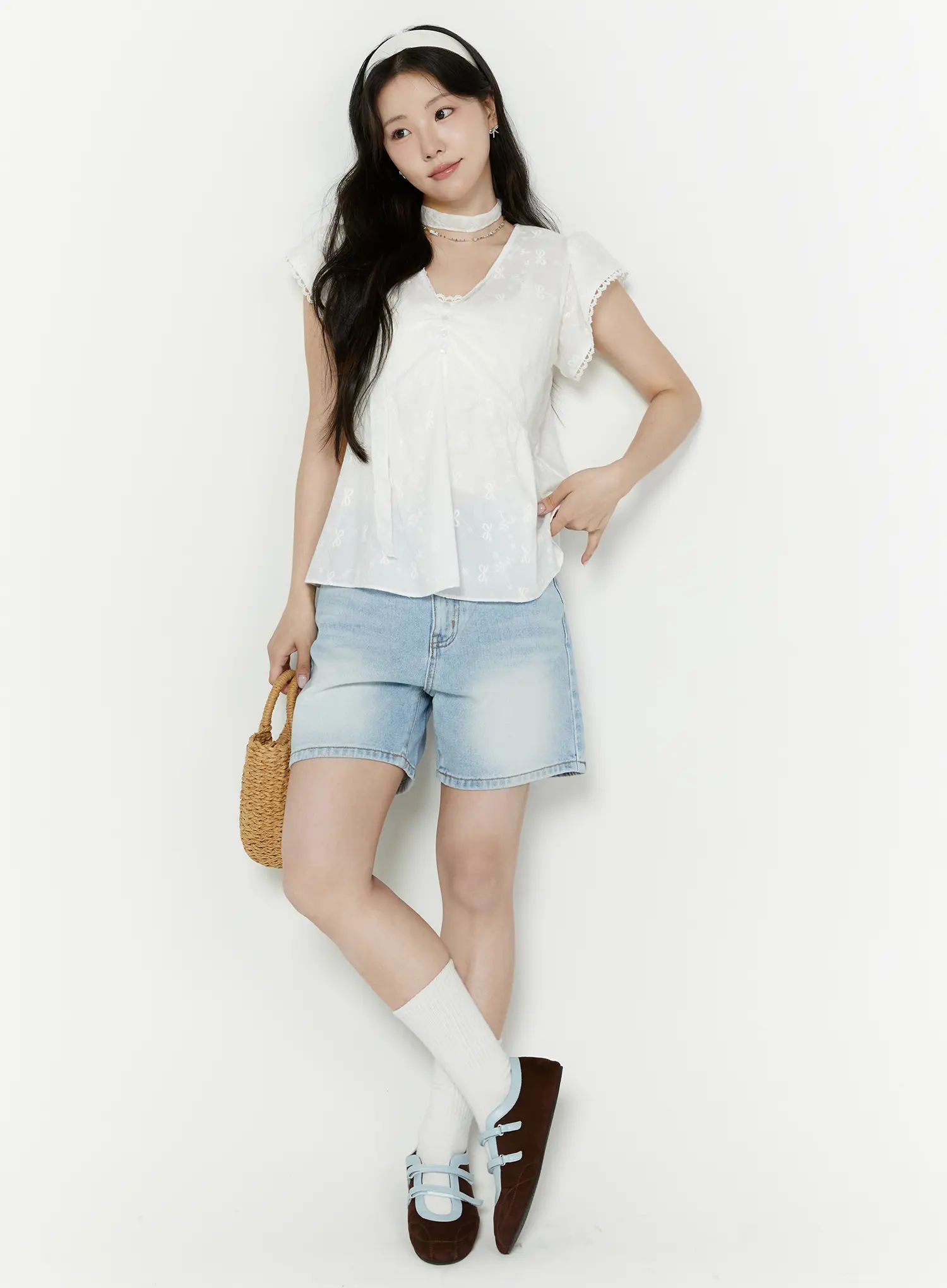 Embroidered Ribbon Blouse And Skinny Scarf Set IY511 - Image 11