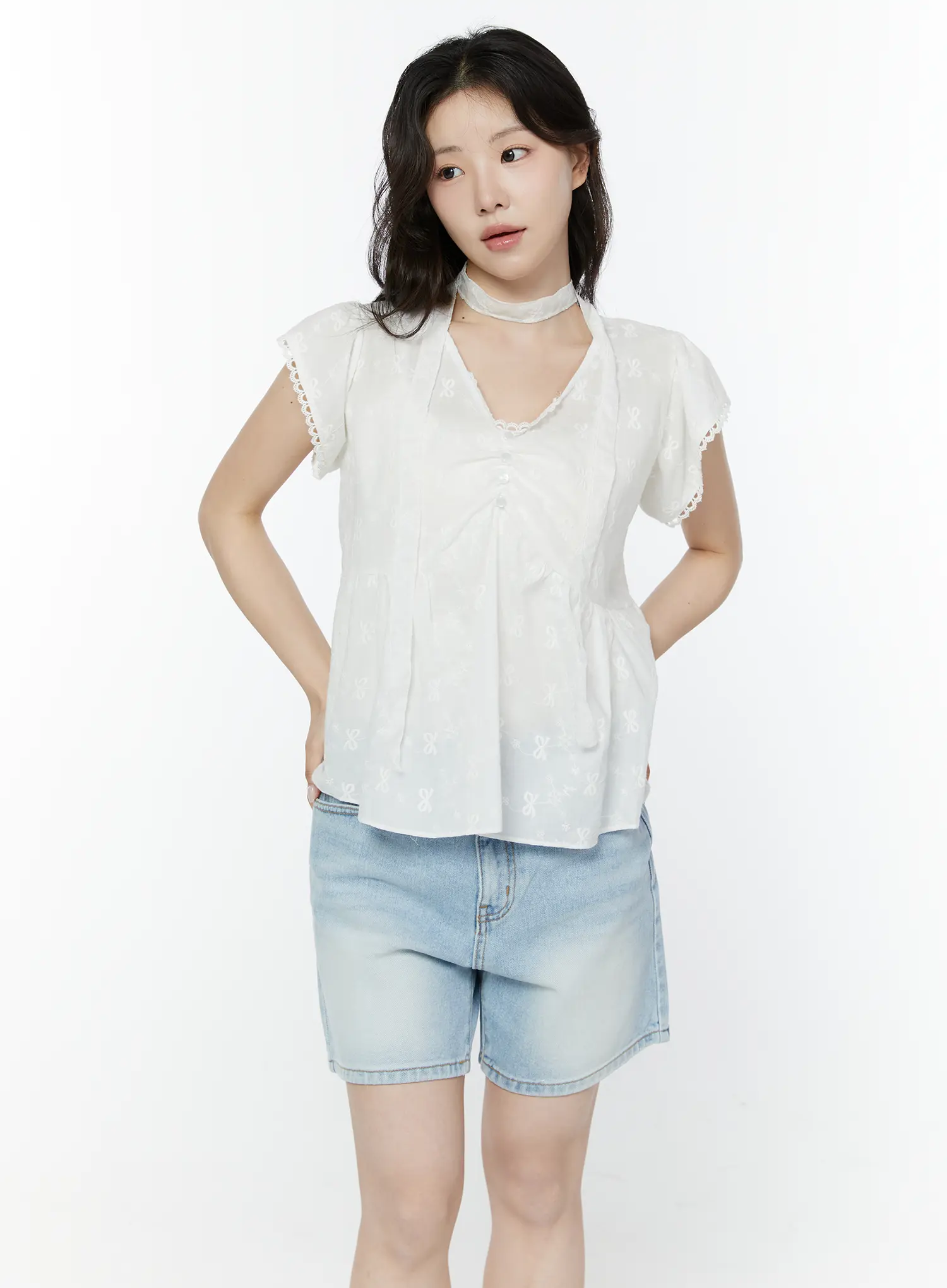 Embroidered Ribbon Blouse And Skinny Scarf Set IY511 - Image 12