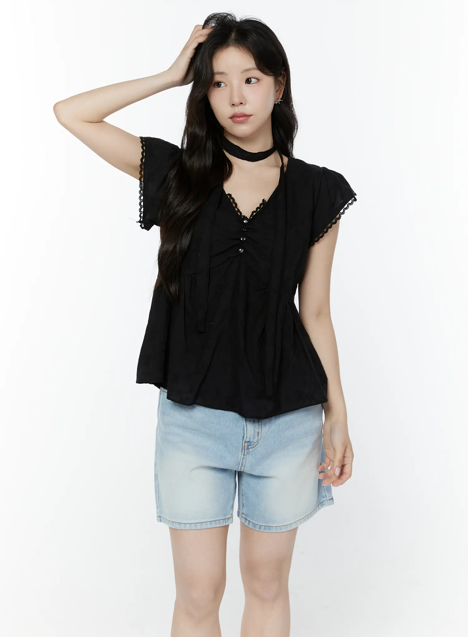 Embroidered Ribbon Blouse And Skinny Scarf Set IY511 - Image 14