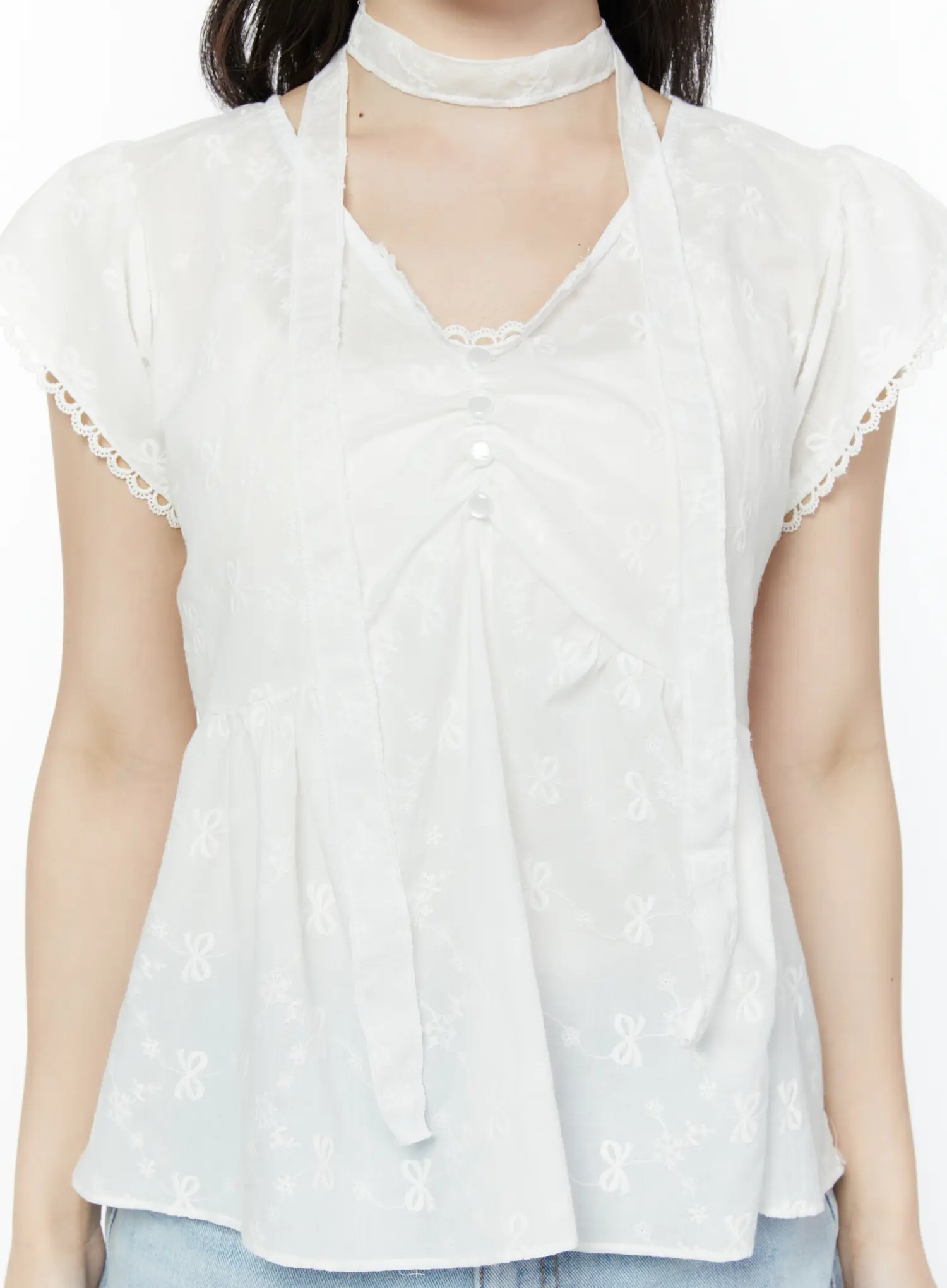 Embroidered Ribbon Blouse And Skinny Scarf Set IY511 - Image 3