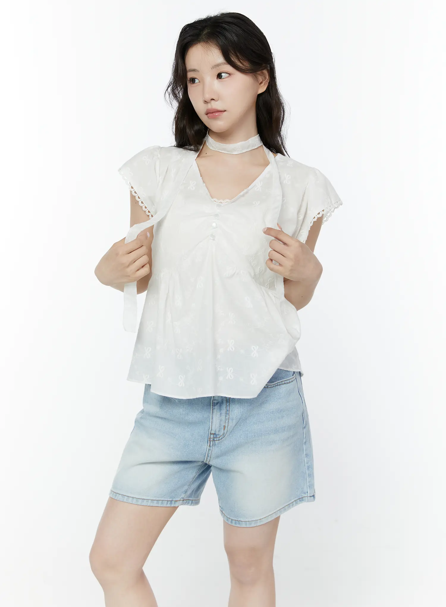 Embroidered Ribbon Blouse And Skinny Scarf Set IY511 - Image 4