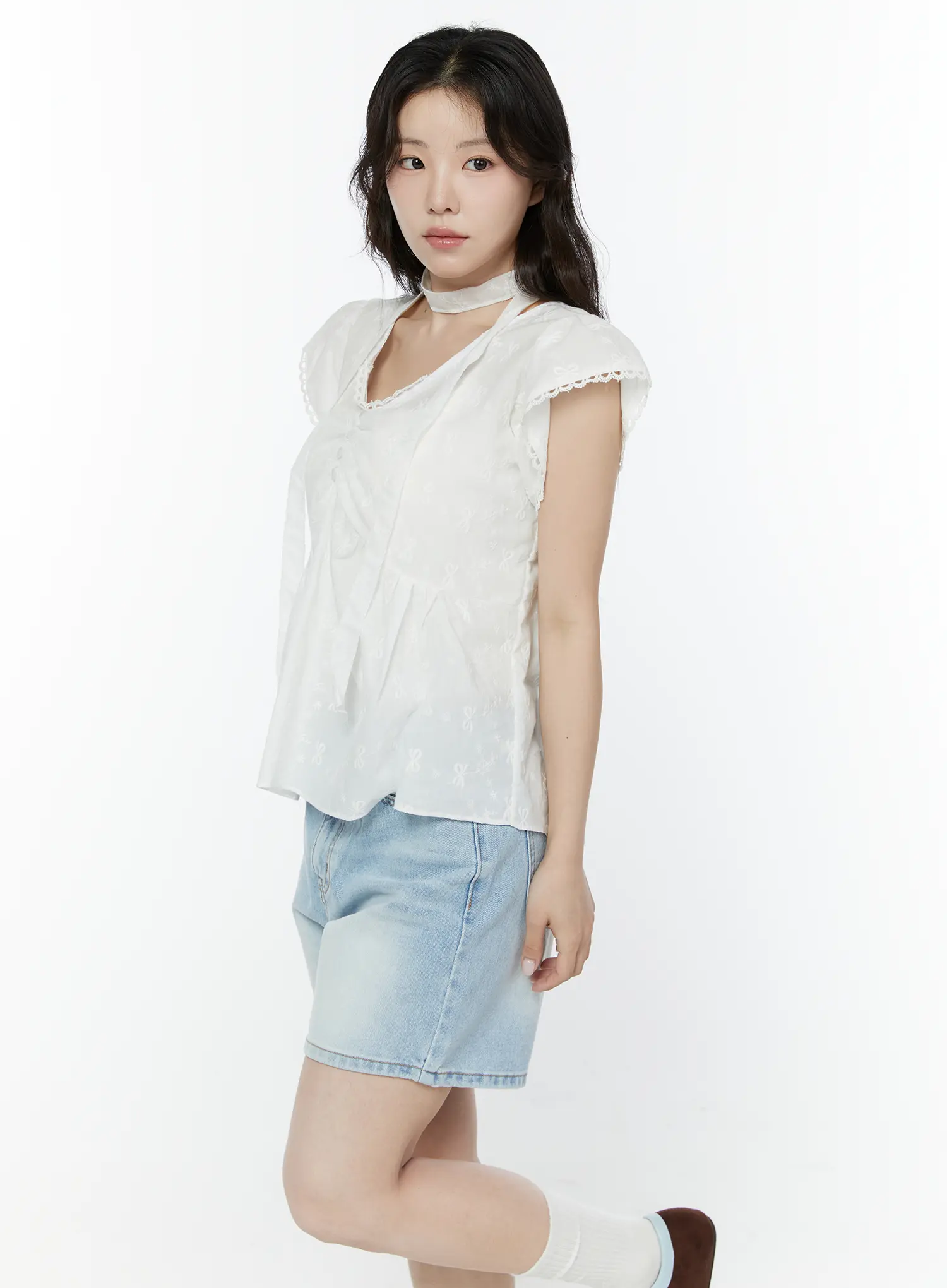 Embroidered Ribbon Blouse And Skinny Scarf Set IY511 - Image 6