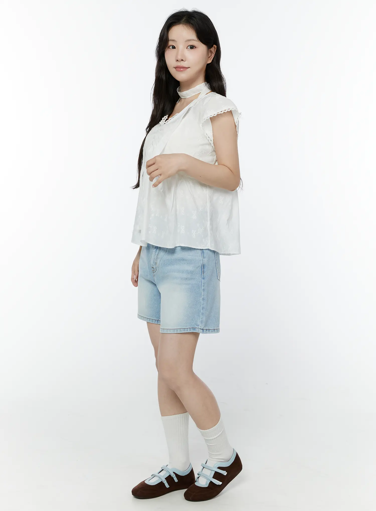 Embroidered Ribbon Blouse And Skinny Scarf Set IY511 - Image 9