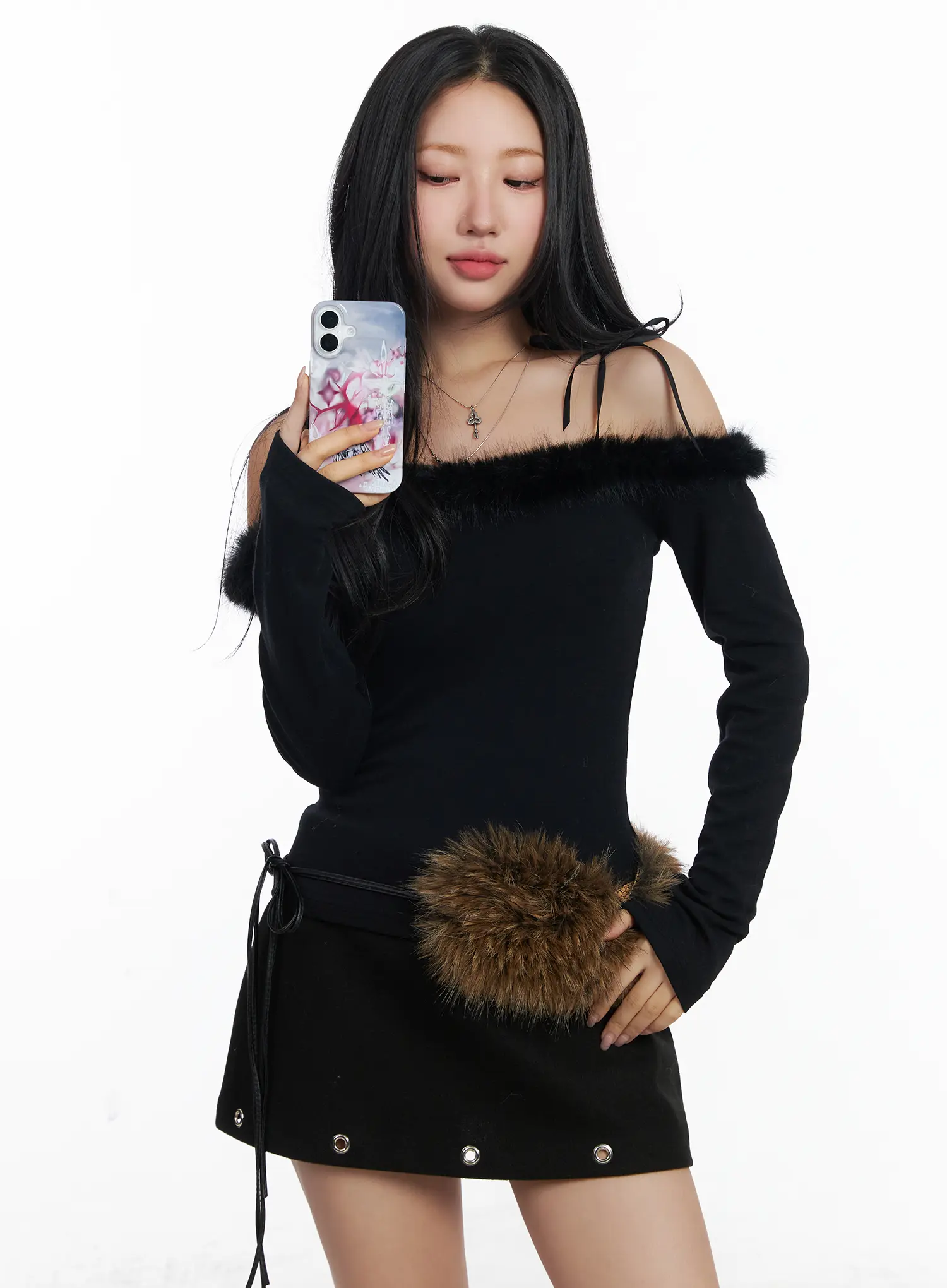 Faux Fur Off-Shoulder Long Sleeve Top CJ515
