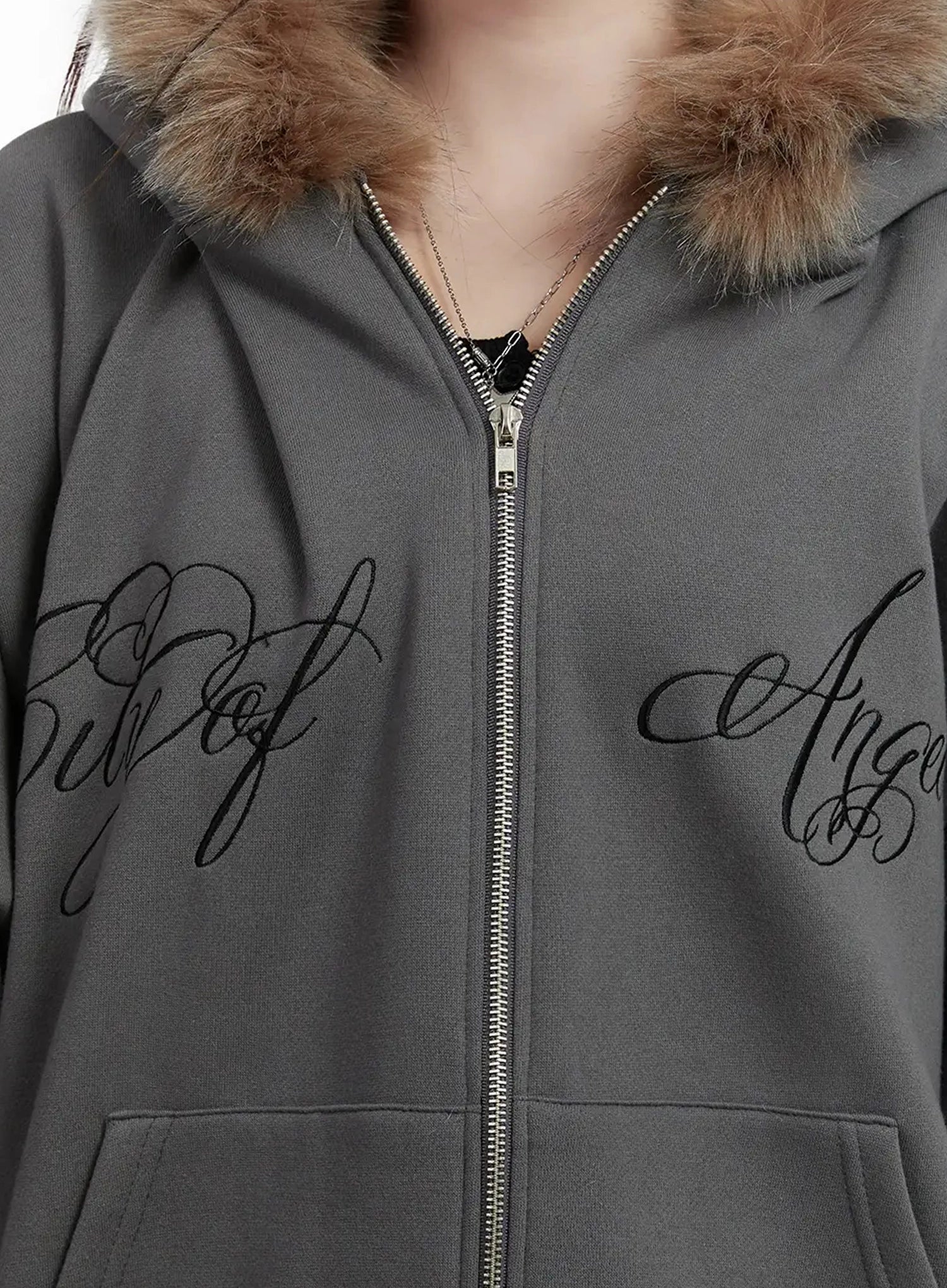Faux Fur Printed Zip-Up Hoodie ID531 - Image 4
