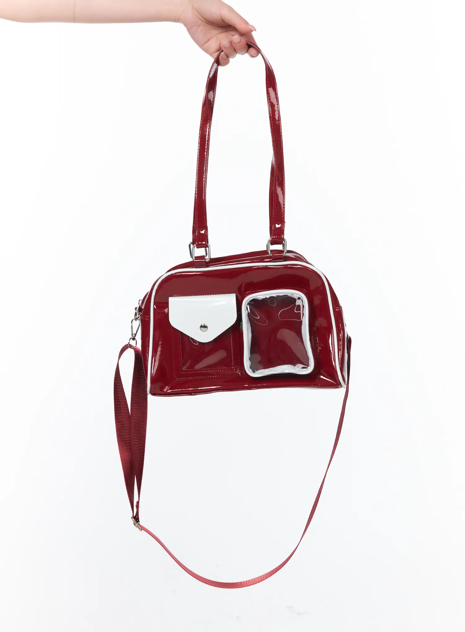 Faux Patent Leather Pocket Shoulder Bag CA527