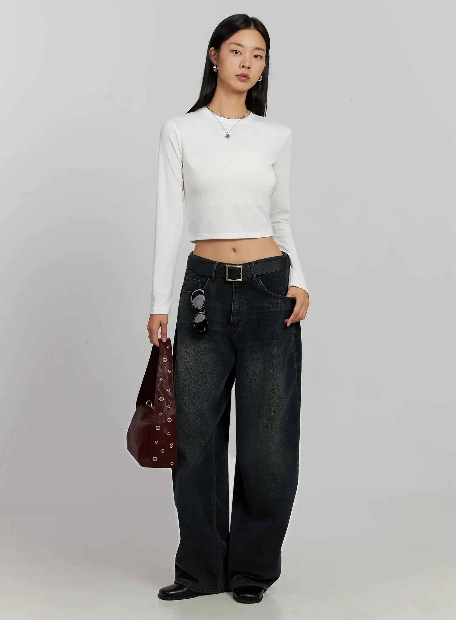 Fleece Crewneck Cropped Long Sleeve Tee IJ502 - Image 2