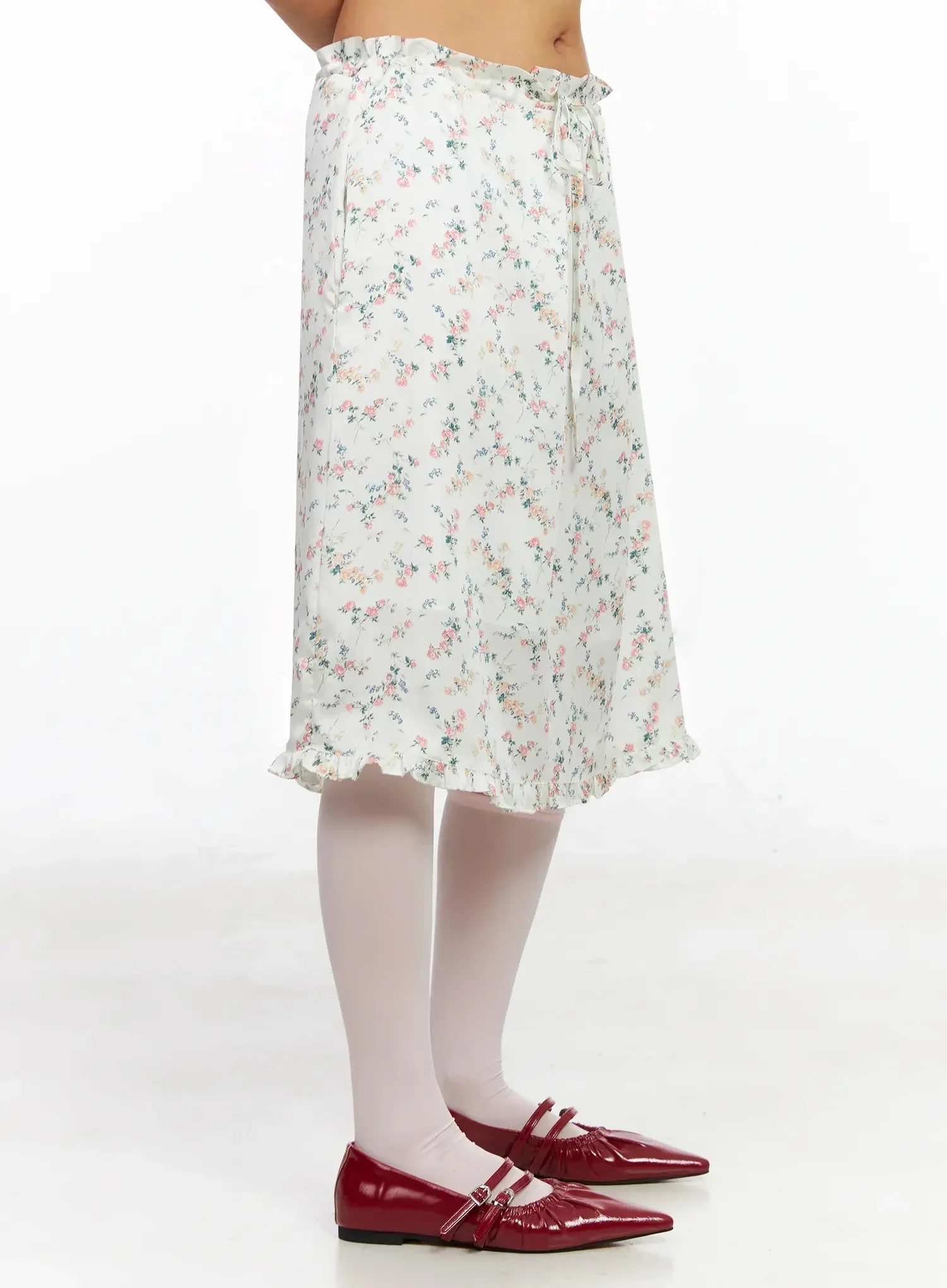 Floral Satin Ruffle Hem Midi Skirt IA527 - Image 10