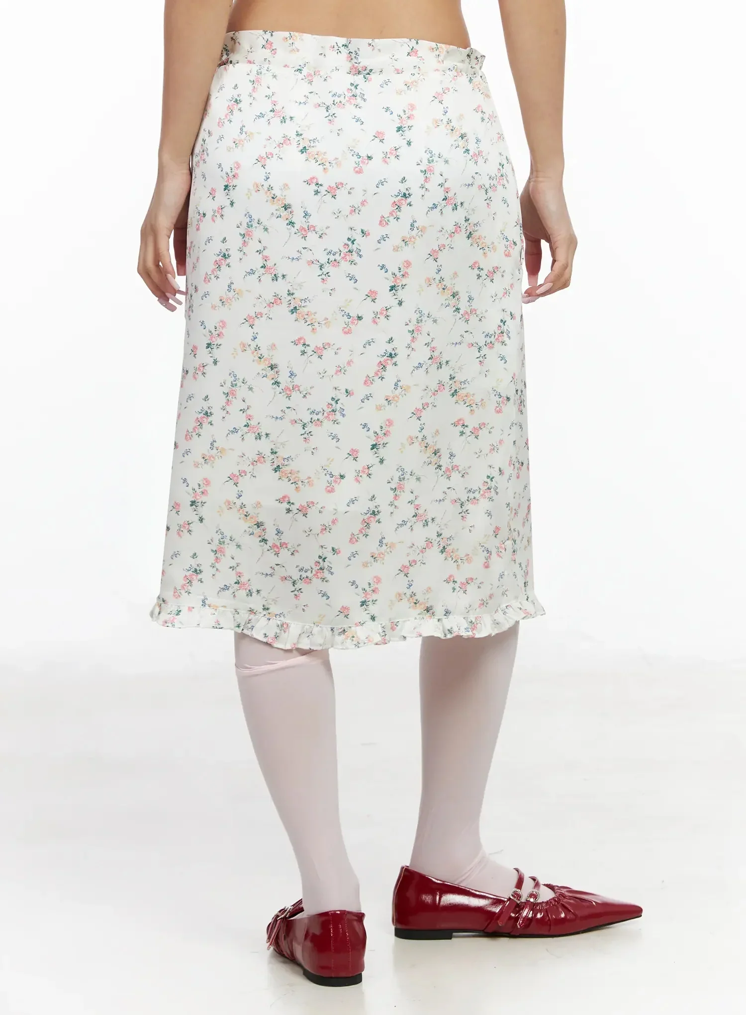 Floral Satin Ruffle Hem Midi Skirt IA527 - Image 11