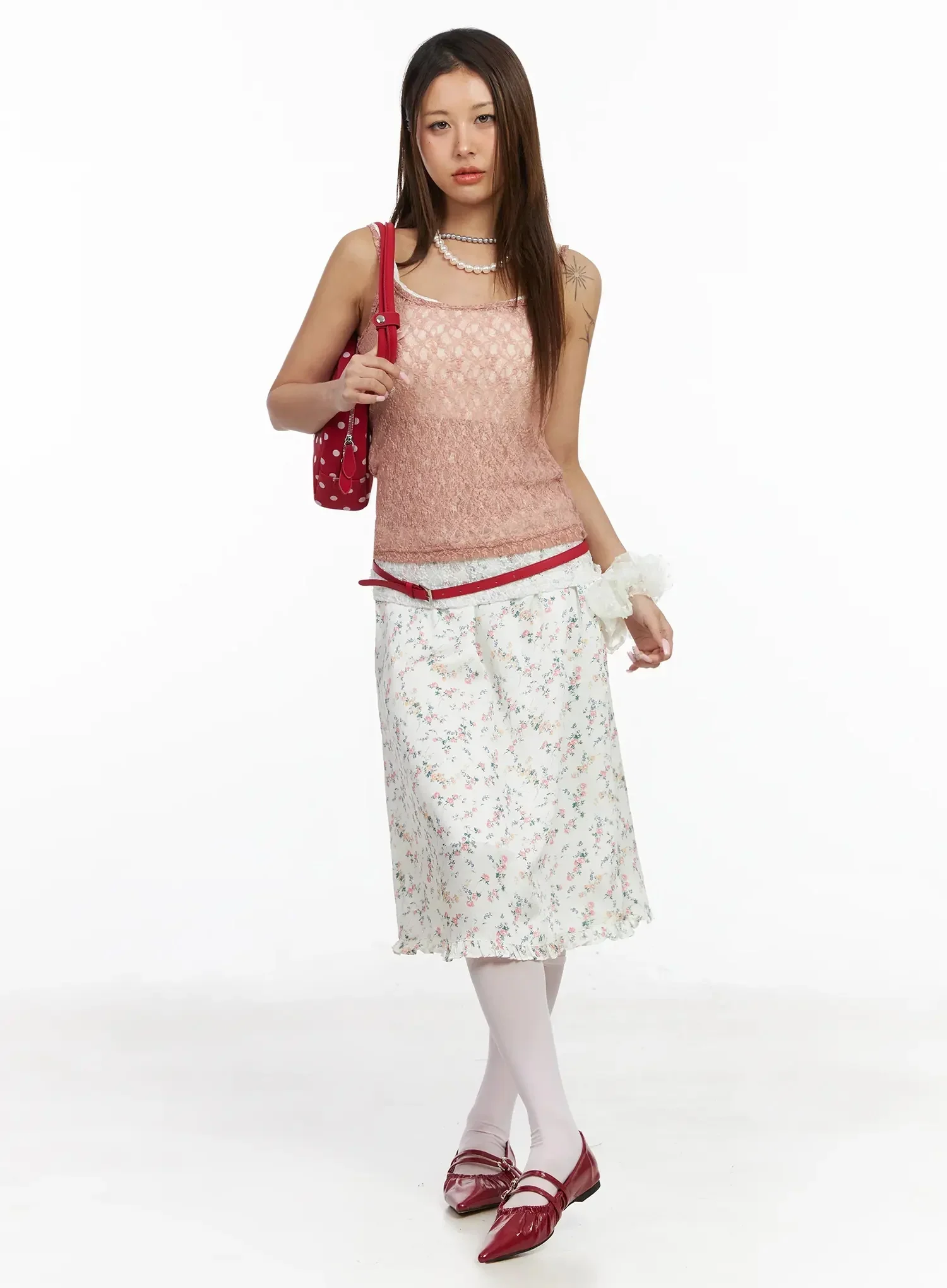 Floral Satin Ruffle Hem Midi Skirt IA527 - Image 12
