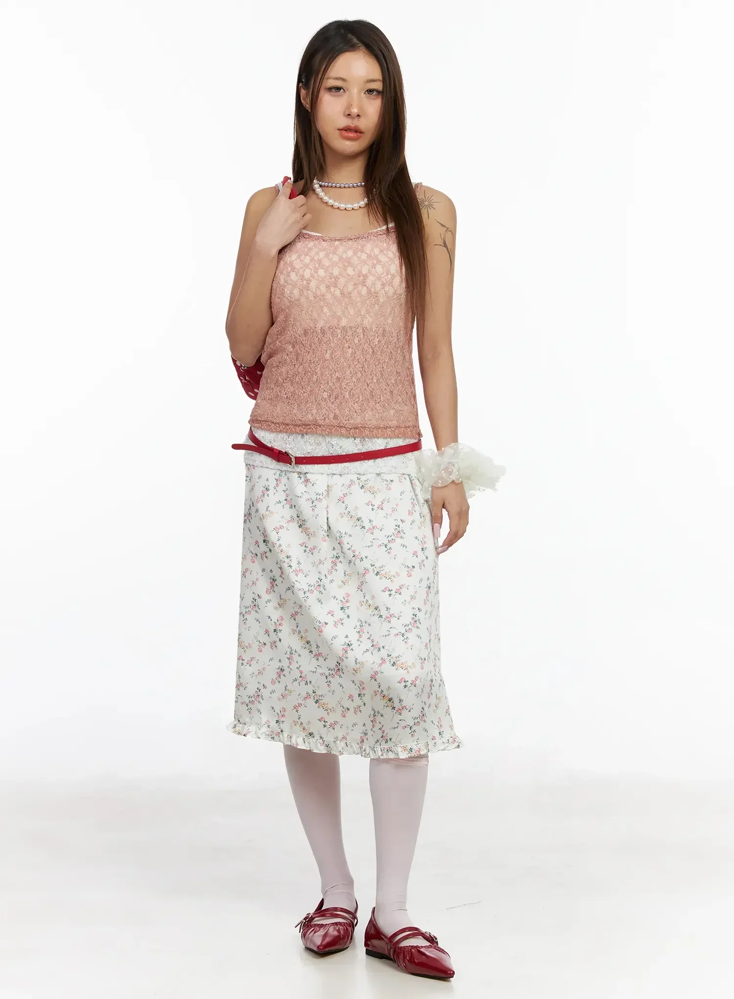 Floral Satin Ruffle Hem Midi Skirt IA527 - Image 2