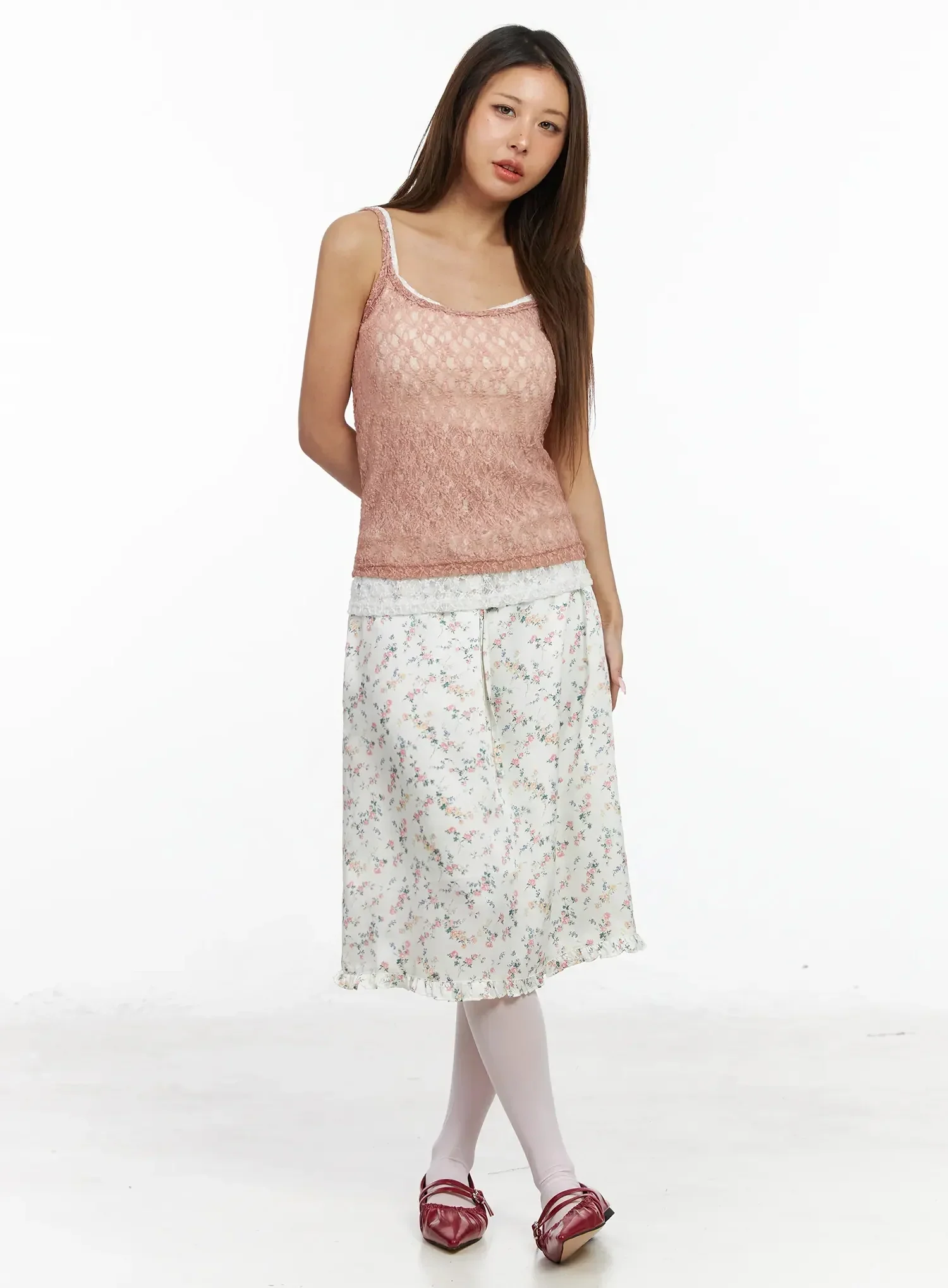 Floral Satin Ruffle Hem Midi Skirt IA527 - Image 3