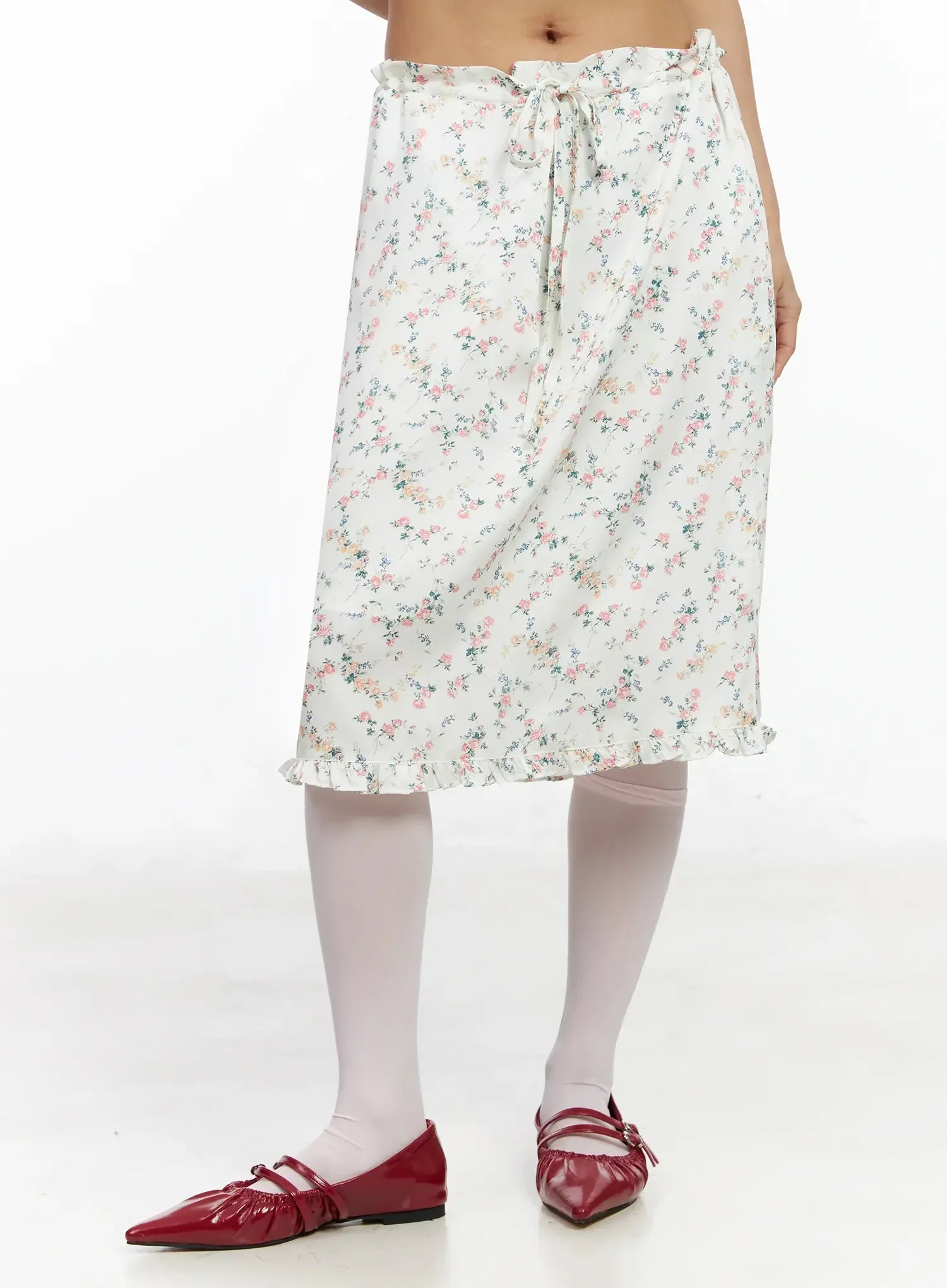 Floral Satin Ruffle Hem Midi Skirt IA527 - Image 5