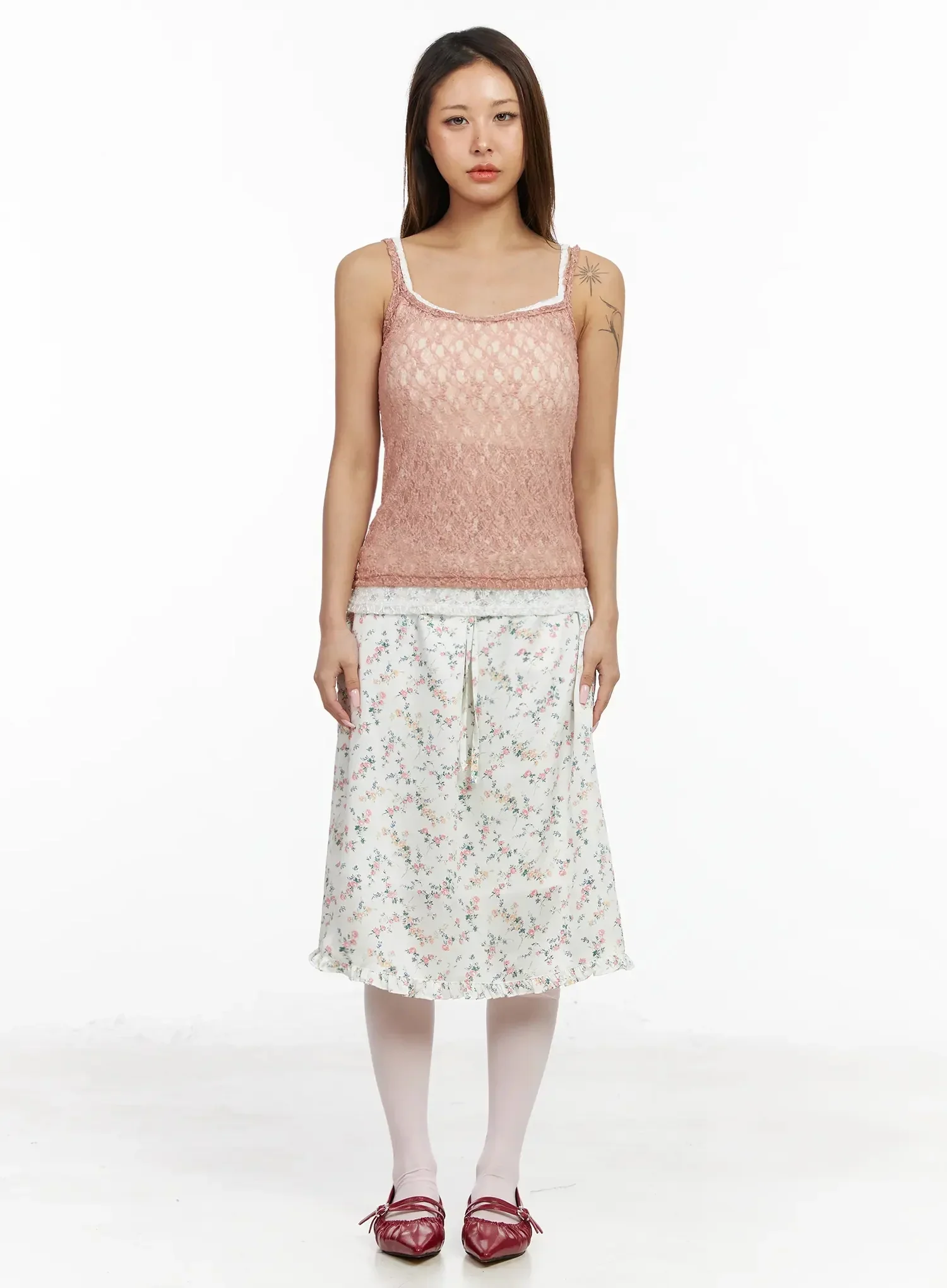 Floral Satin Ruffle Hem Midi Skirt IA527 - Image 7