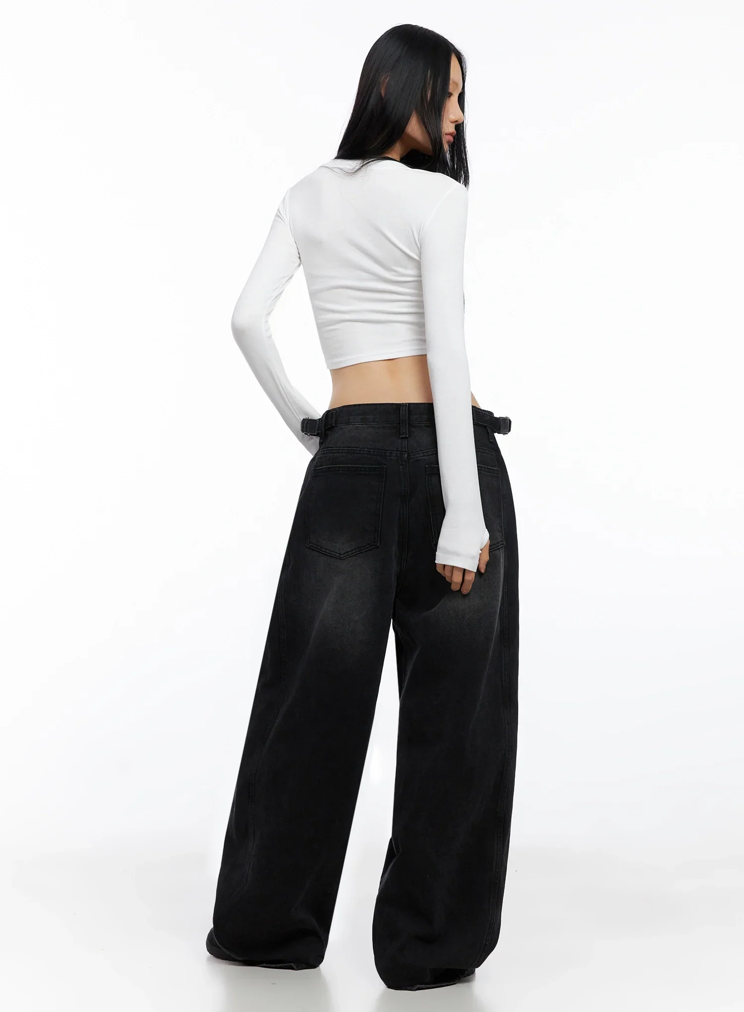 Goffel Side Belt Washed Wide Denim Pants IO517 - Image 8