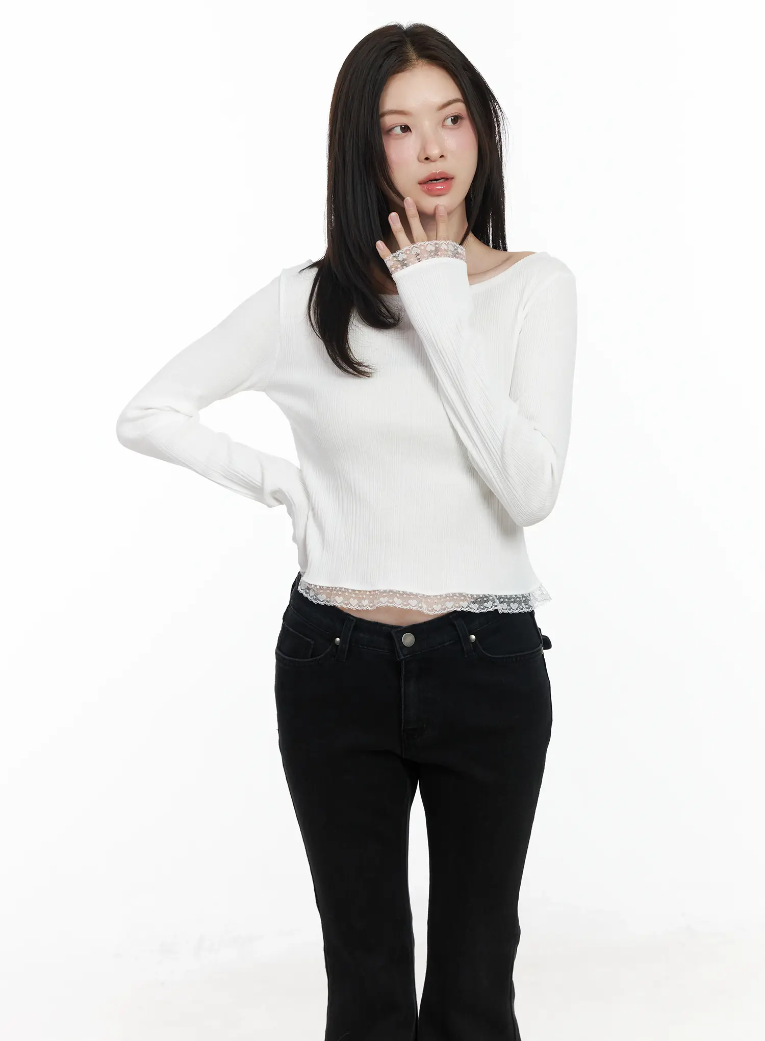 Heart Lace Frill Hem Boat-Neck Top IF520 - Image 11